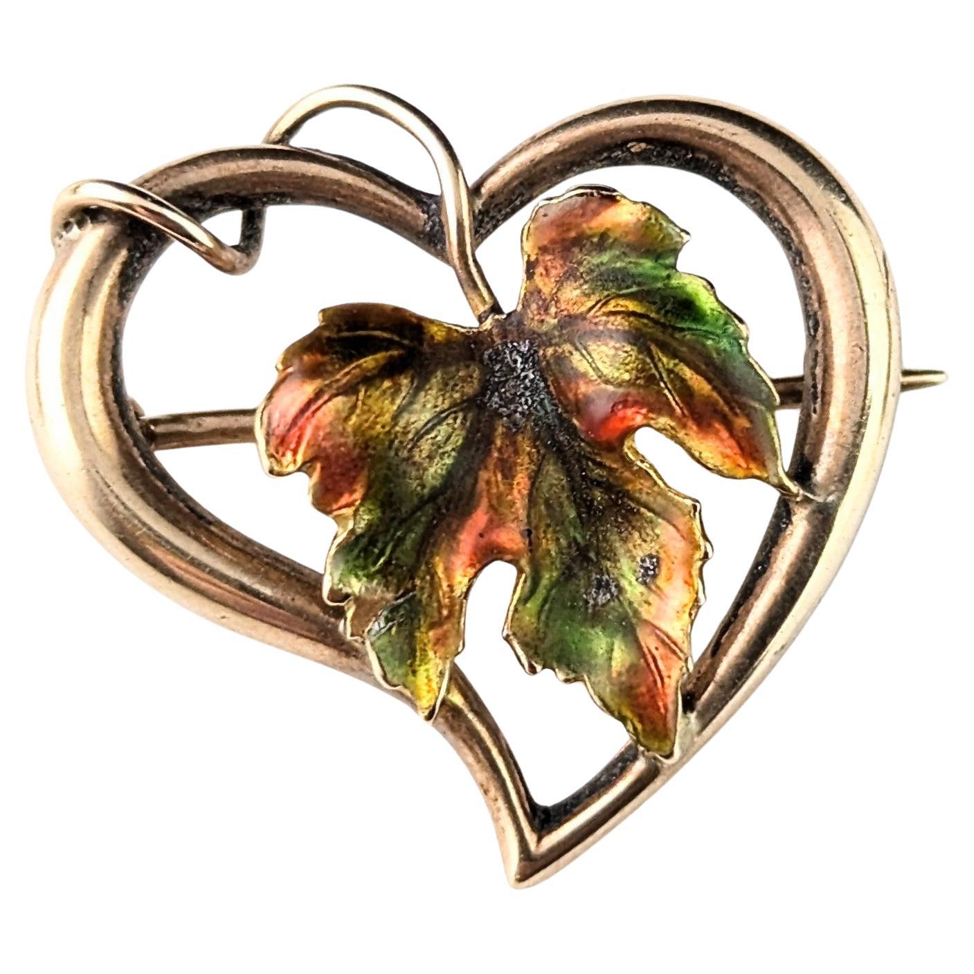 Antique 9k gold Witches heart brooch, maple leaf, enamel