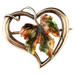 Antique 9k gold Witches heart brooch, maple leaf, enamel