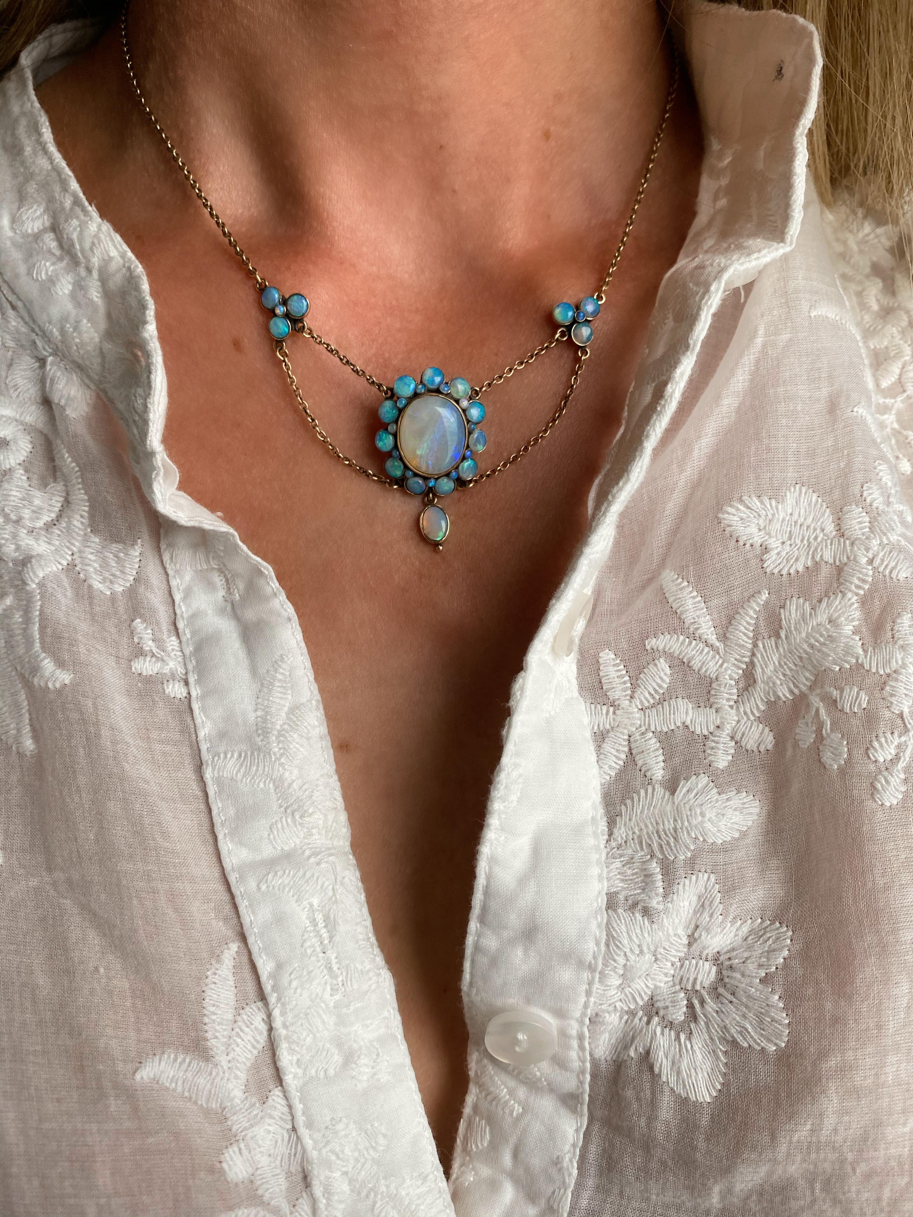Cabochon Antique 9K Opal Cluster Necklace For Sale