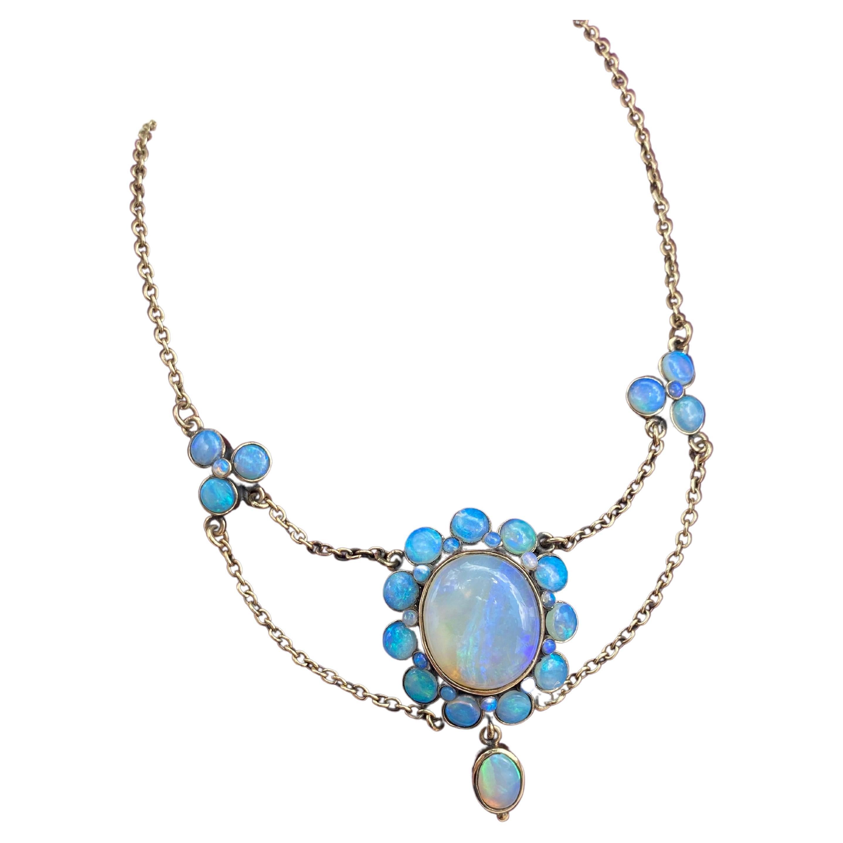 Antique 9K Opal Cluster Necklace For Sale