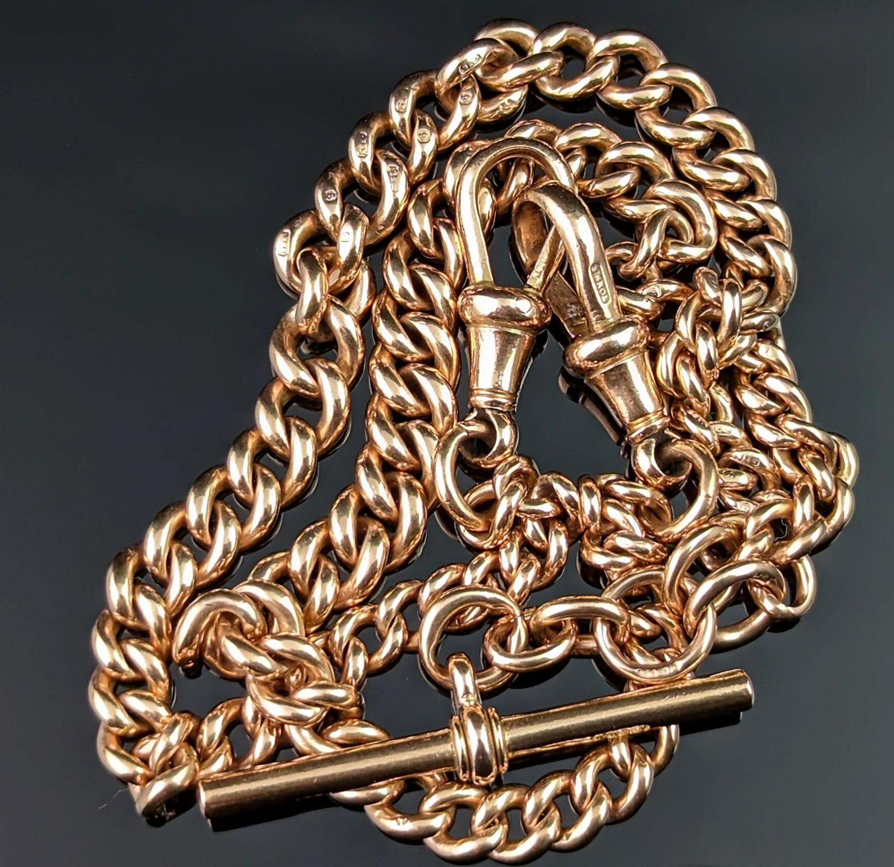 Antique 9k Rose gold Albert chain, necklace, Edwardian, curb link  8