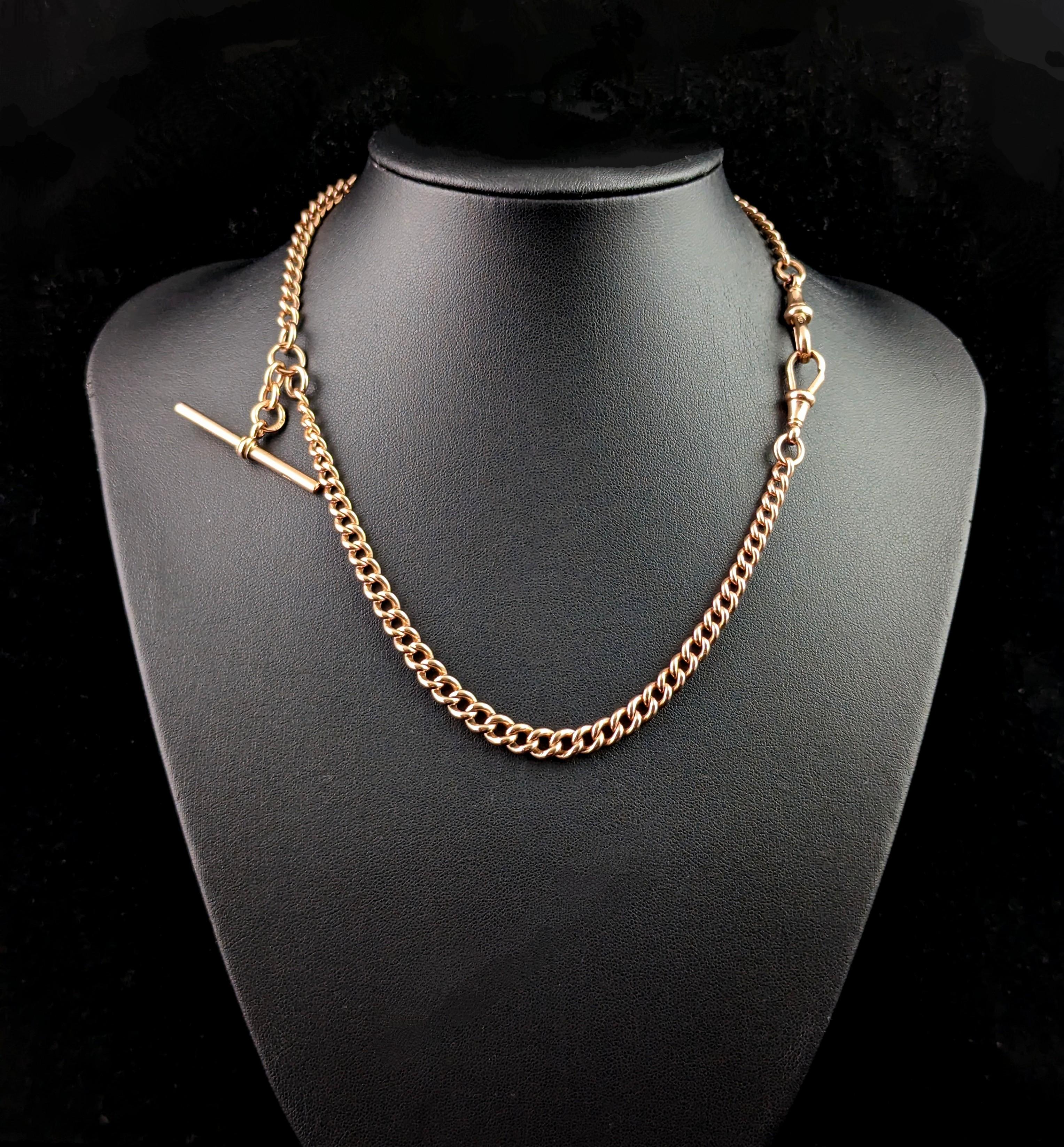 Antique 9k Rose gold Albert chain, necklace, Edwardian, curb link  9