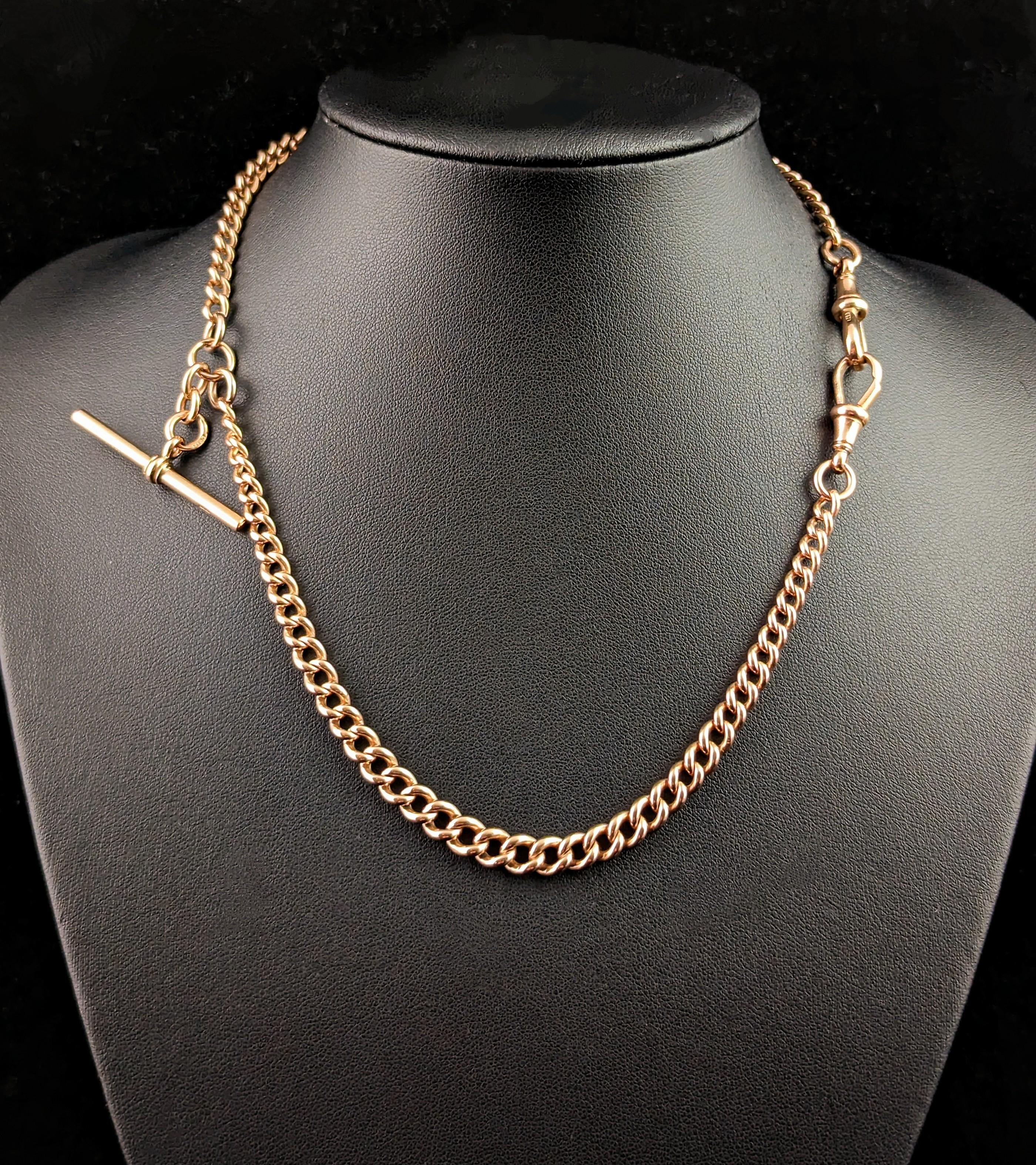 Antique 9k Rose gold Albert chain, necklace, Edwardian, curb link  12