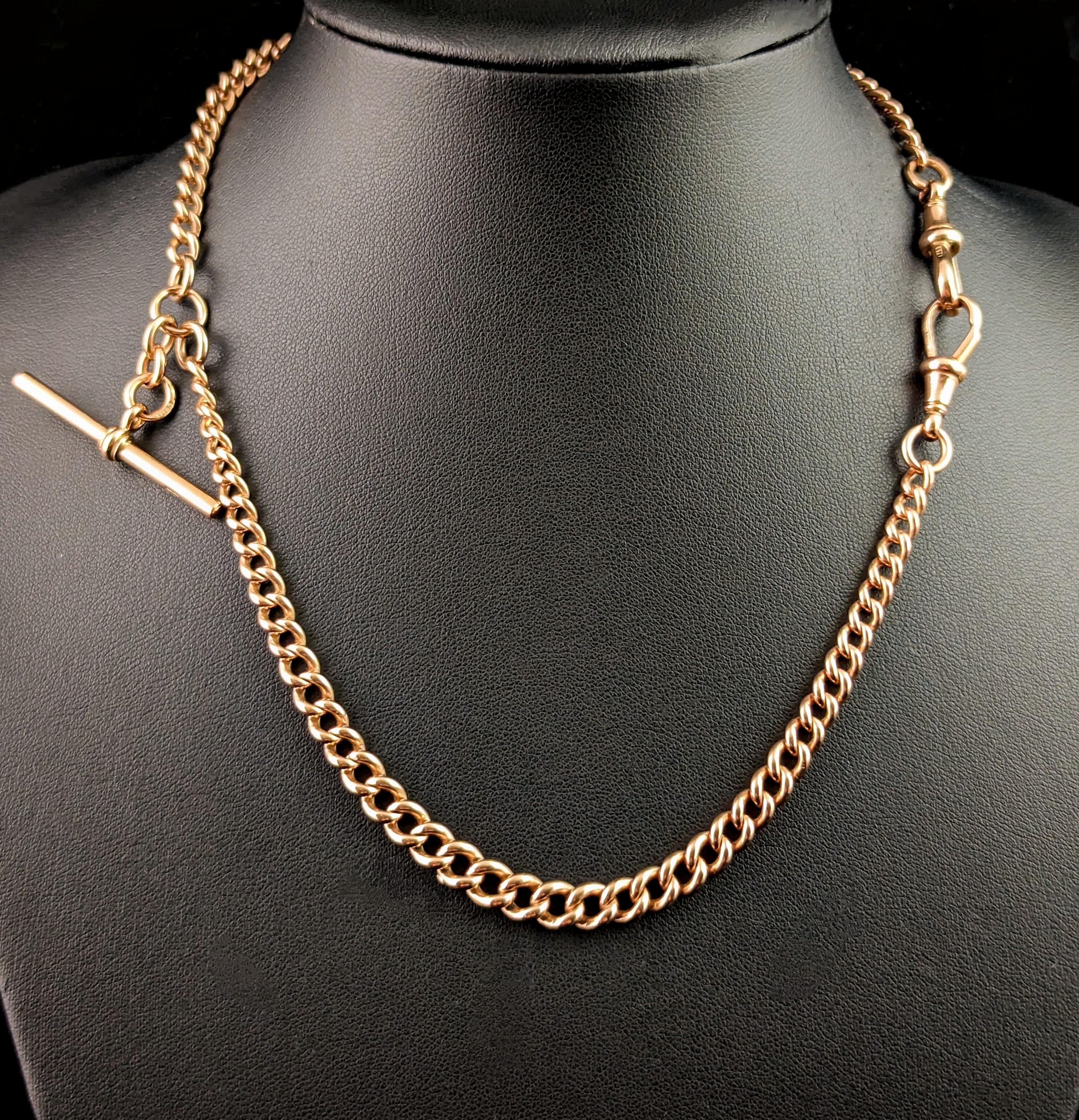 Antique 9k Rose gold Albert chain, necklace, Edwardian, curb link  13