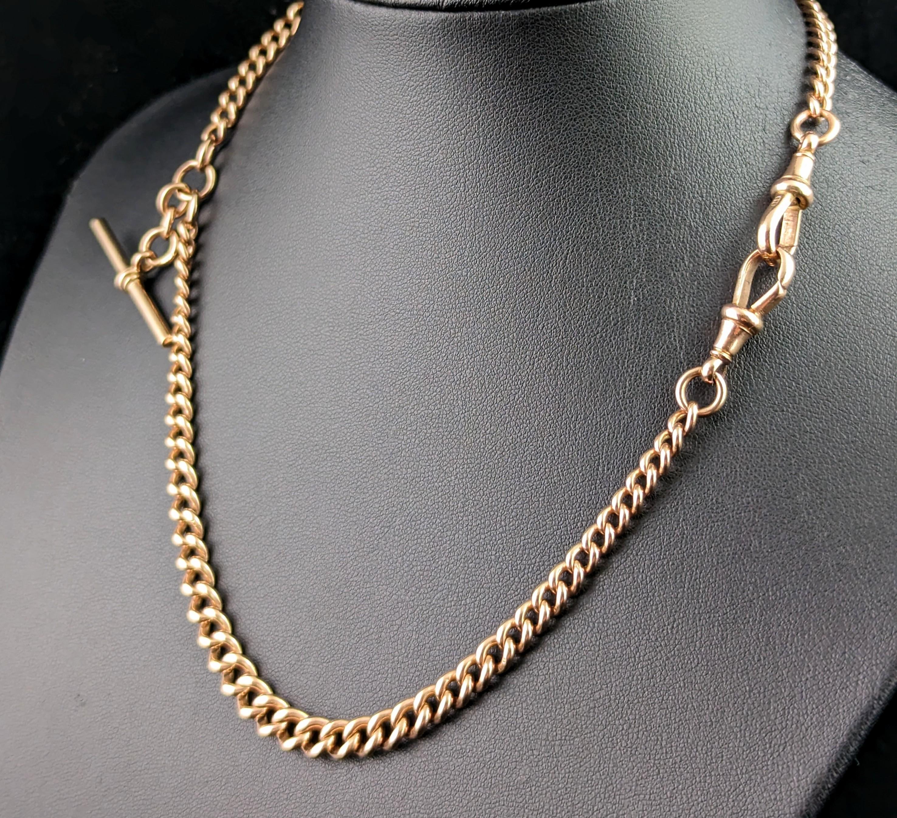 Antique 9k Rose gold Albert chain, necklace, Edwardian, curb link  1