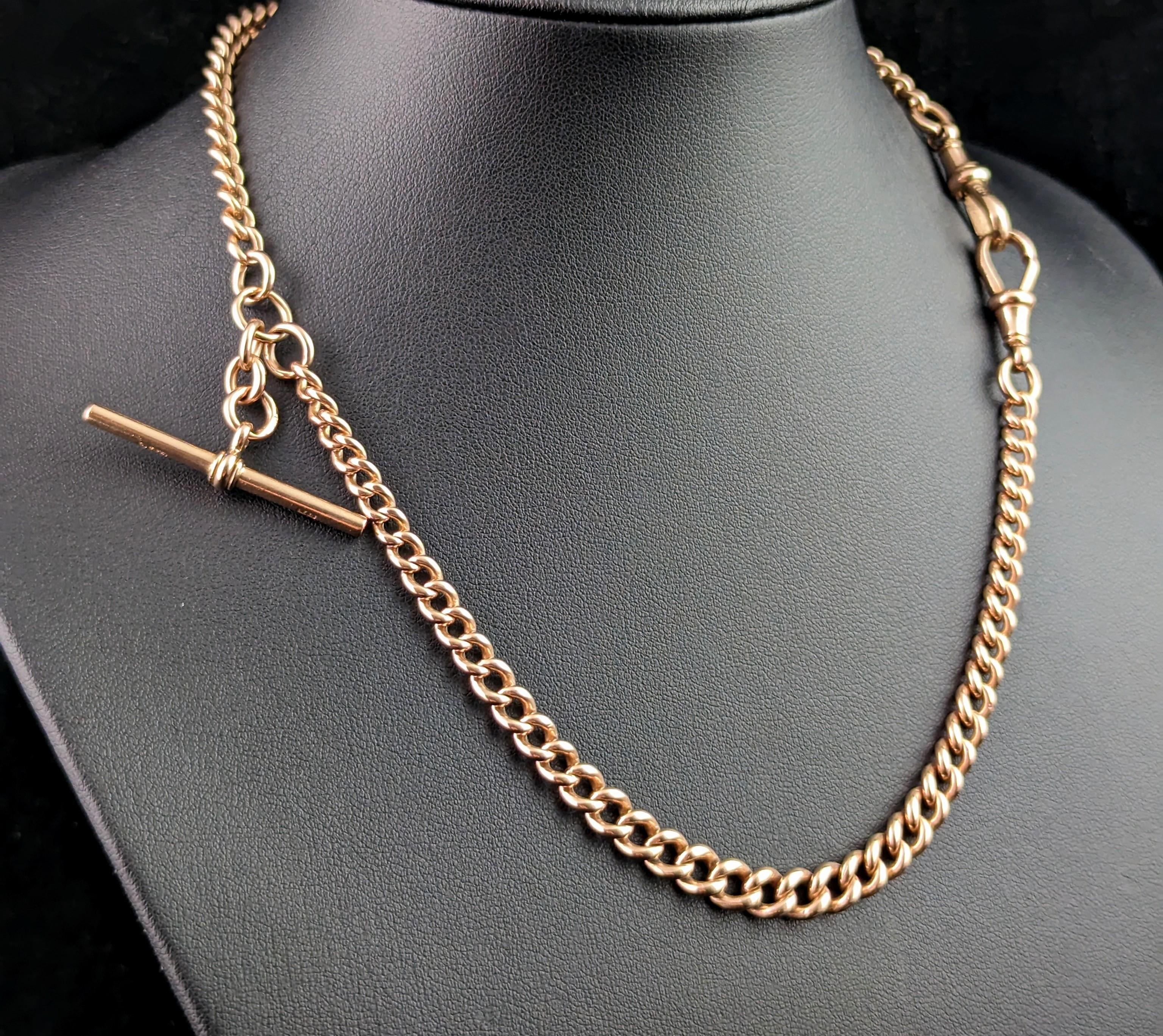 Antique 9k Rose gold Albert chain, necklace, Edwardian, curb link  3