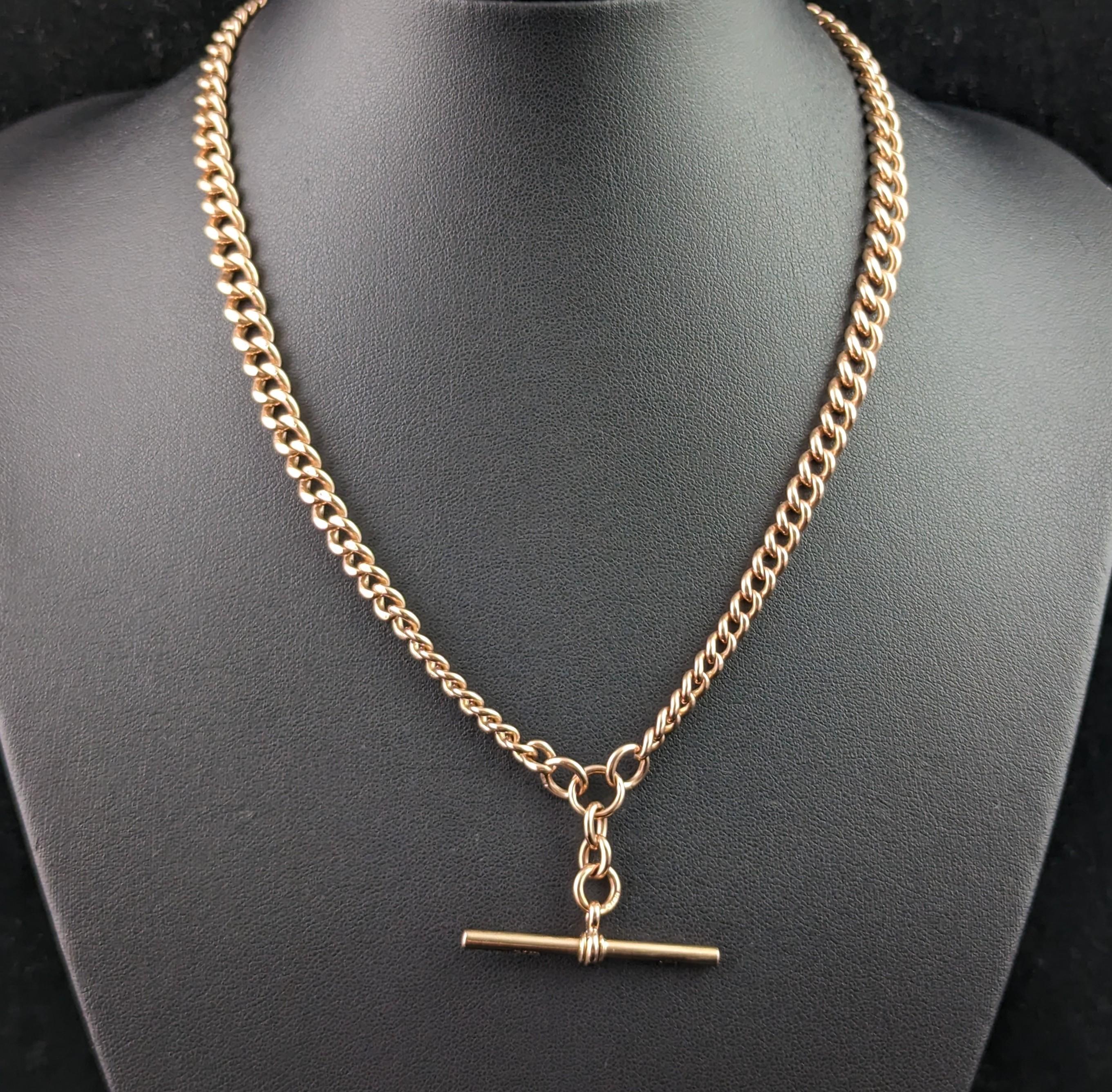 Antique 9k Rose gold Albert chain, necklace, Edwardian, curb link  5