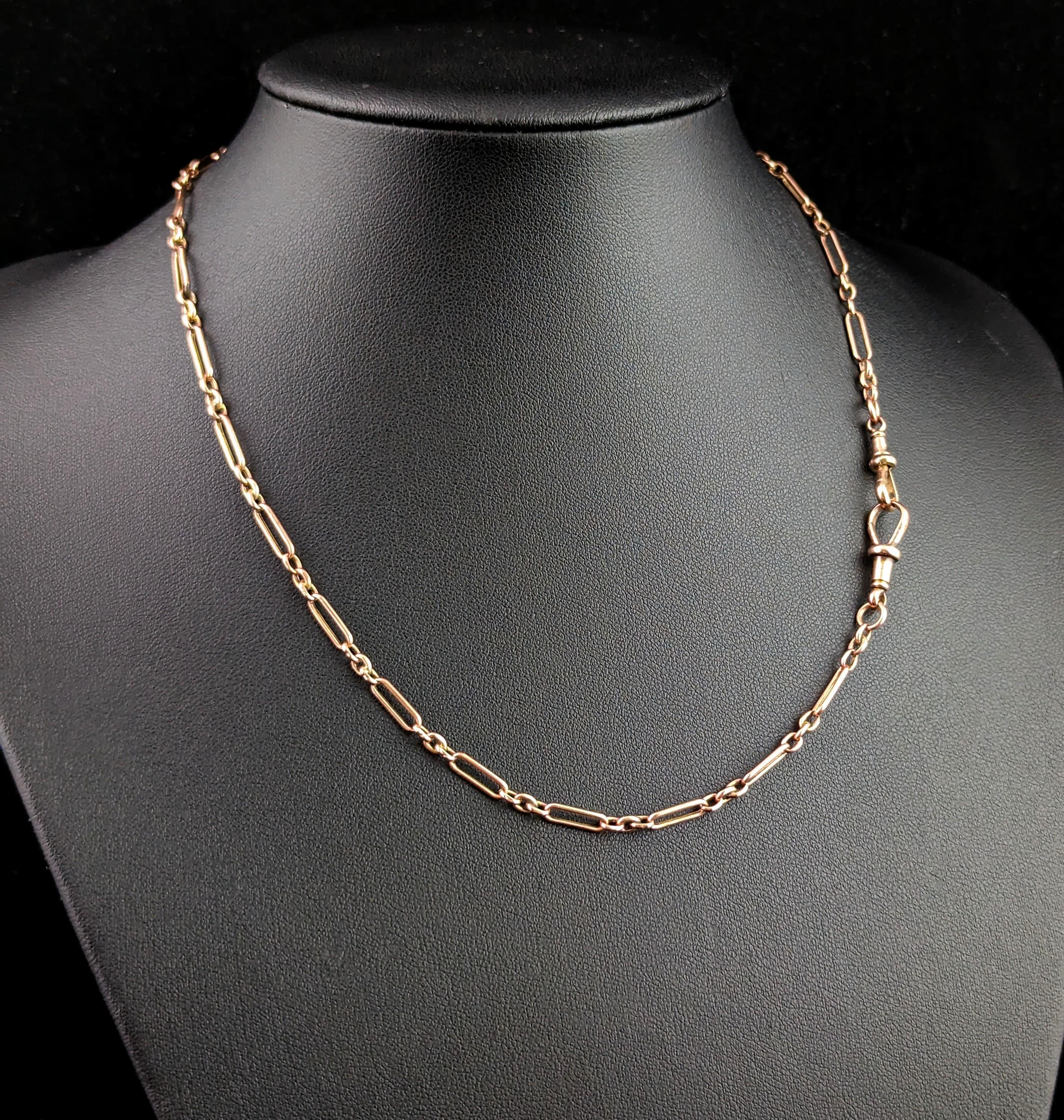 Antique 9k Rose Gold Albert Chain, Necklace, Trombone Link 8