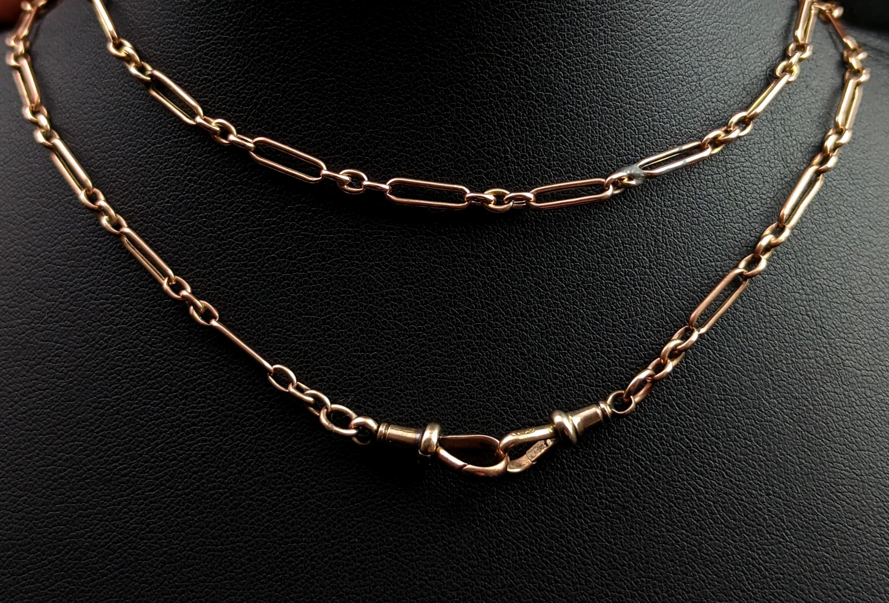 Antique 9k Rose Gold Albert Chain, Necklace, Trombone Link 10