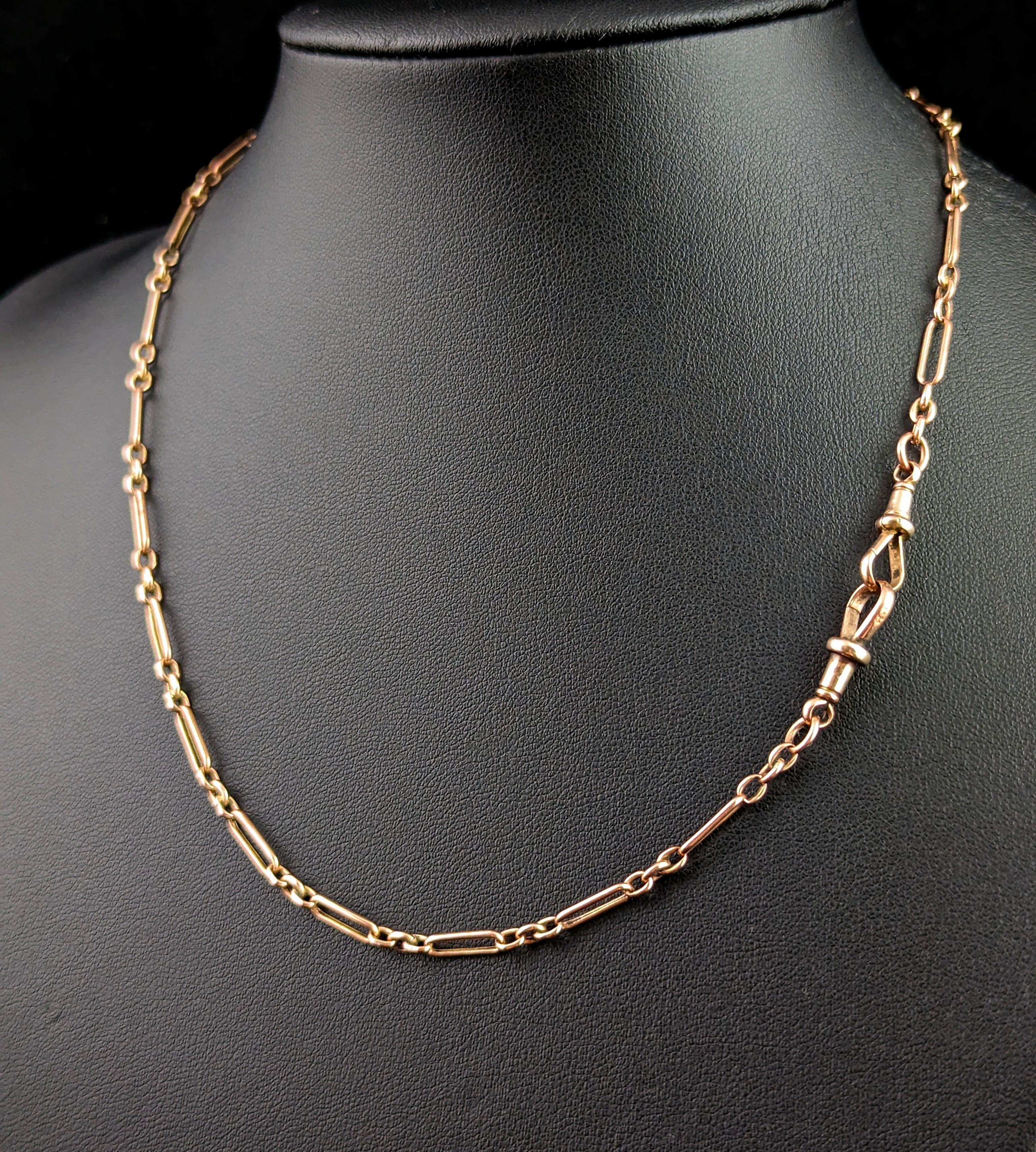Edwardian Antique 9k Rose Gold Albert Chain, Necklace, Trombone Link