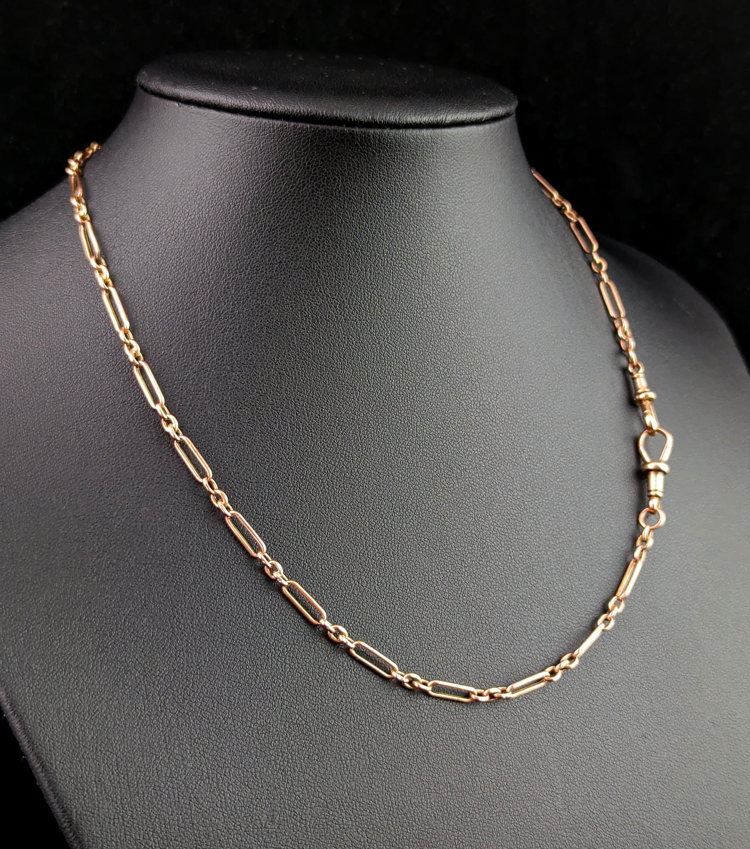 Antique 9k Rose Gold Albert Chain, Necklace, Trombone Link In Fair Condition In NEWARK, GB