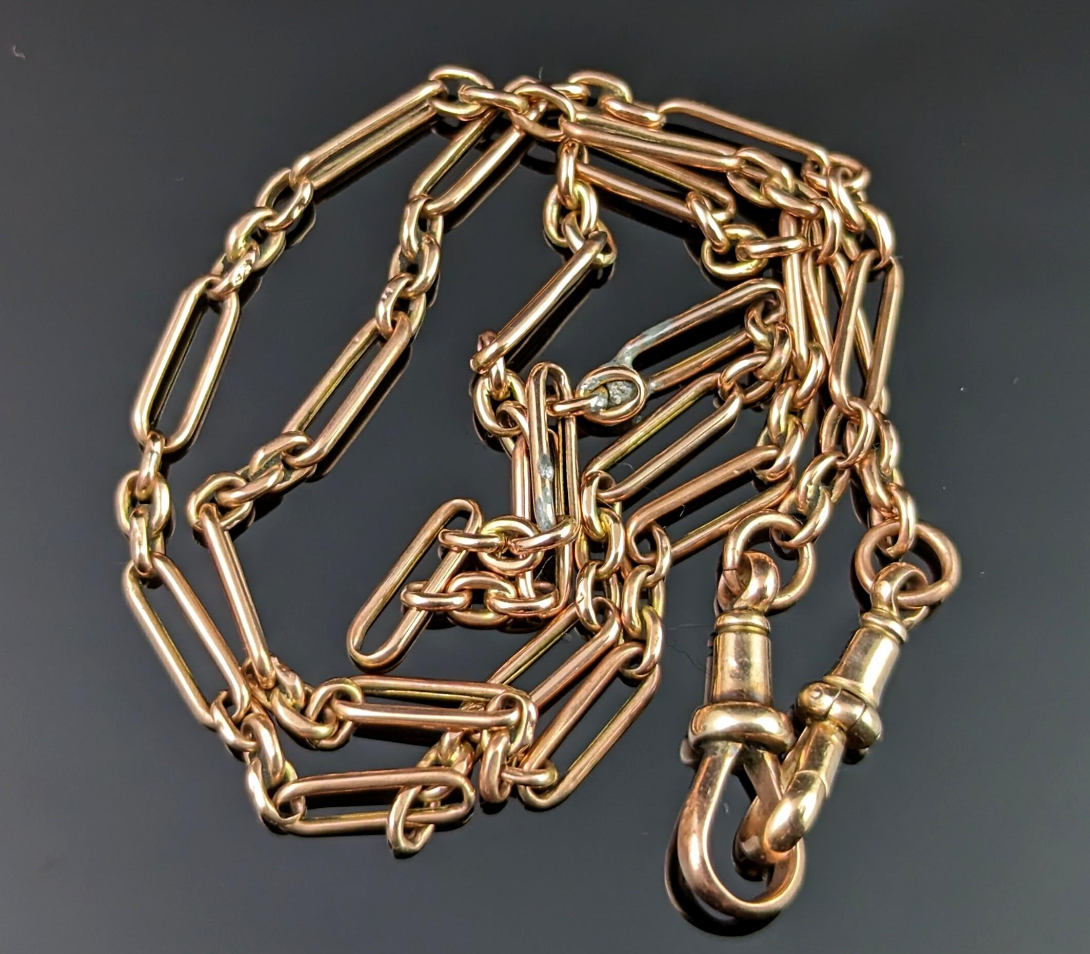 Women's or Men's Antique 9k Rose Gold Albert Chain, Necklace, Trombone Link