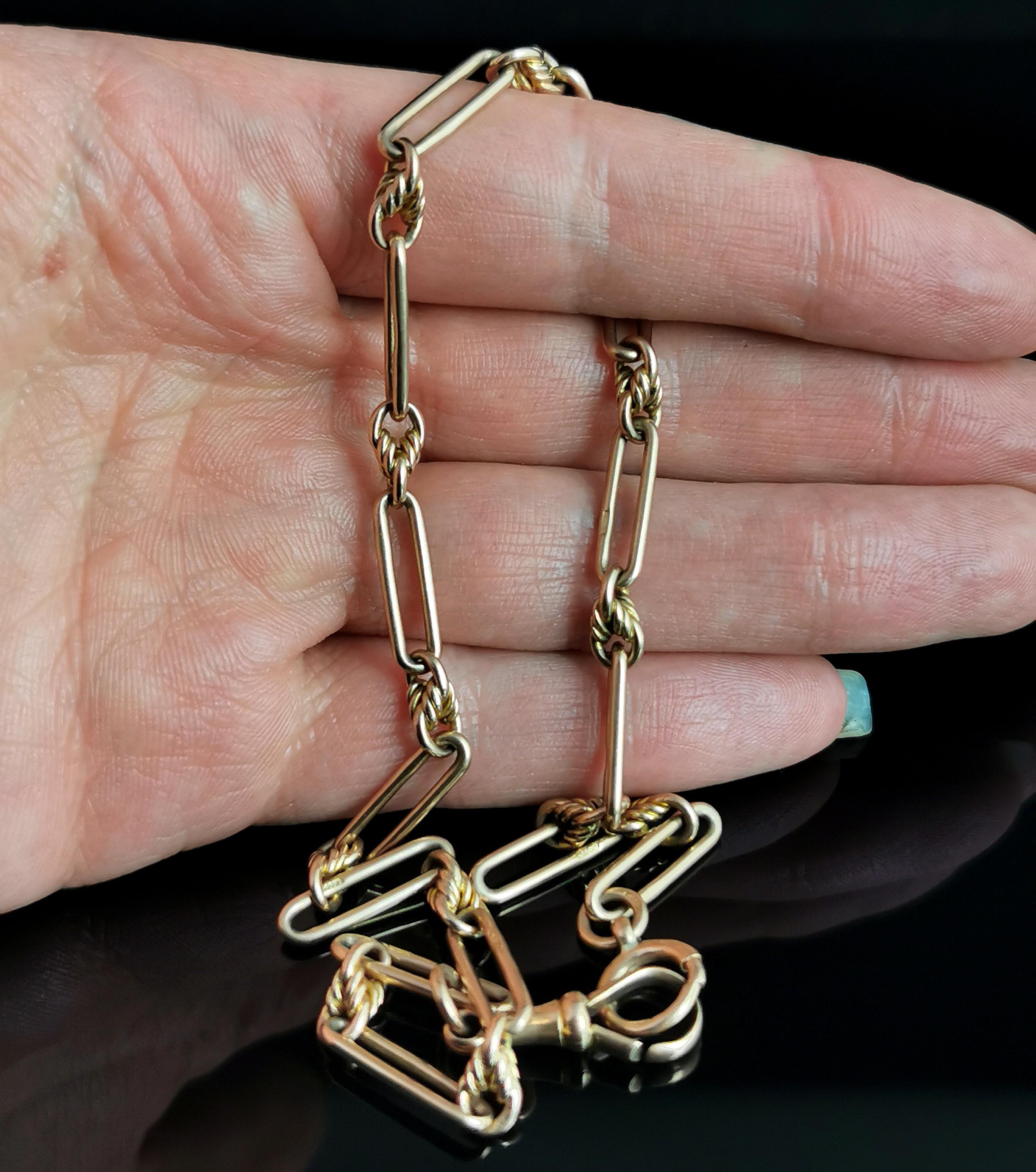 Antike 9k Roségold Albert-Kette, Trombone-Gliederkette, Uhrenkette Halskette für Damen oder Herren