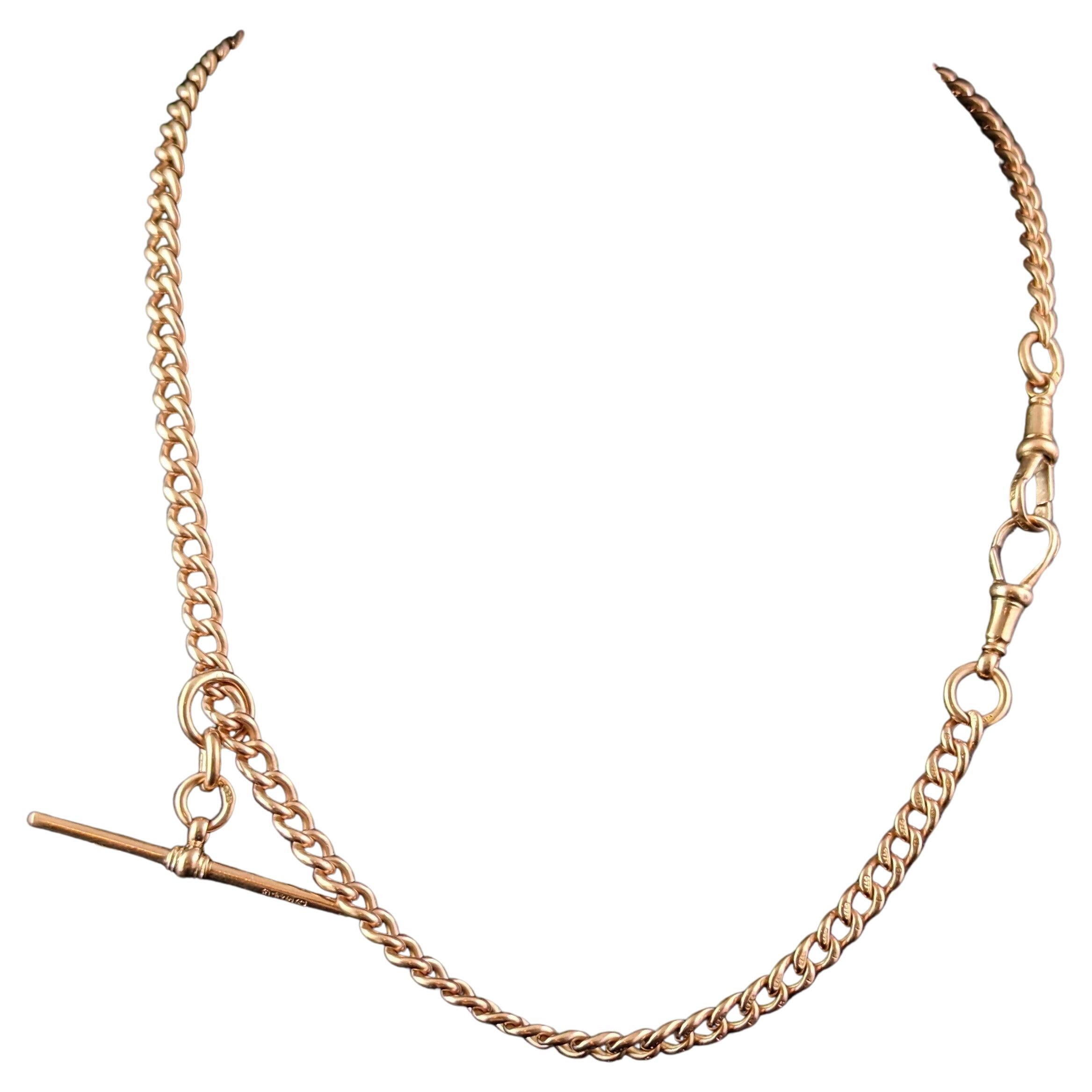 Antique 9k rose gold Albert chain, watch chain necklace, Art Deco 