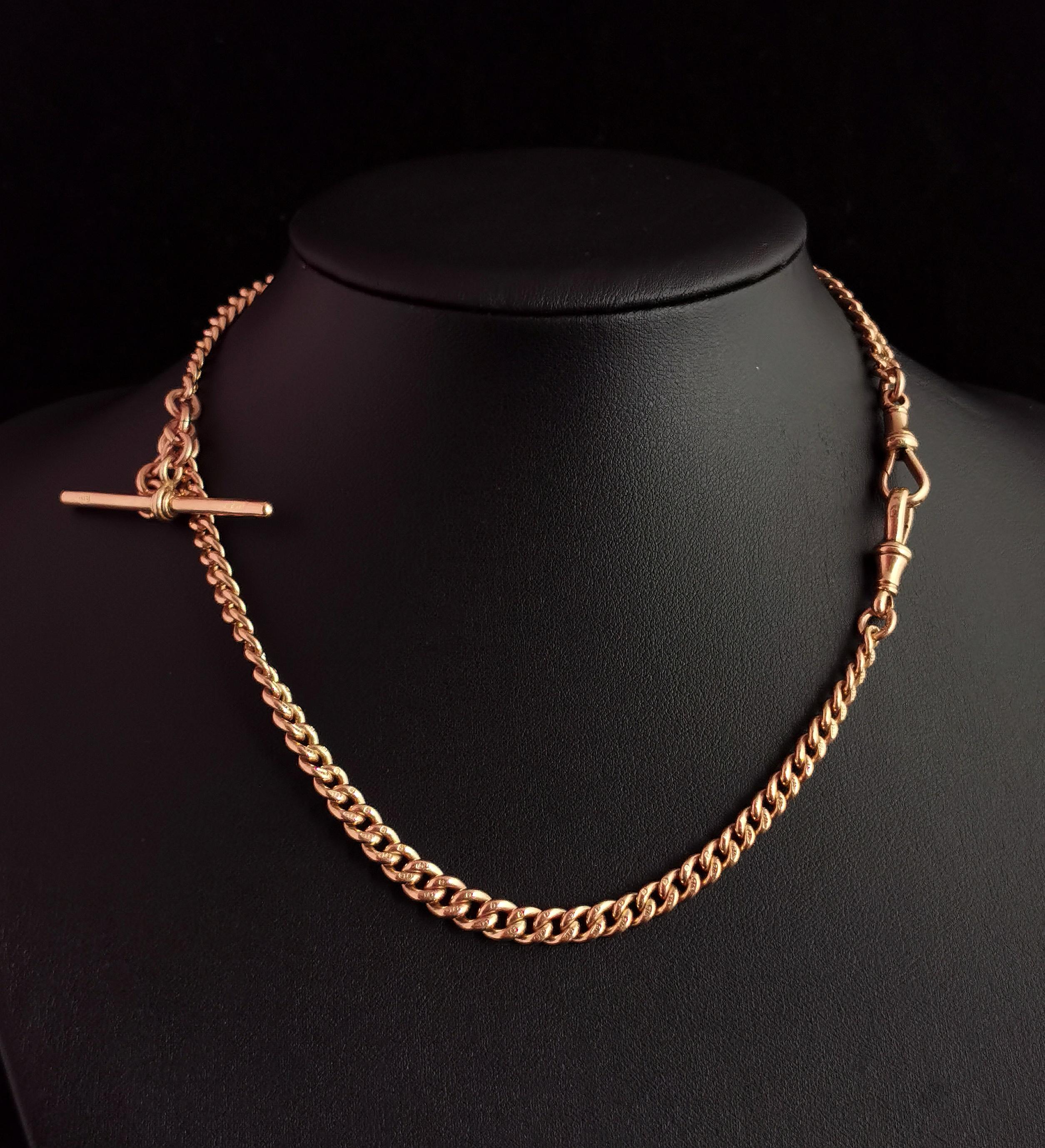 Edwardian Antique 9k Rose Gold Albert Chain, Watch Chain Necklace, Curb Link