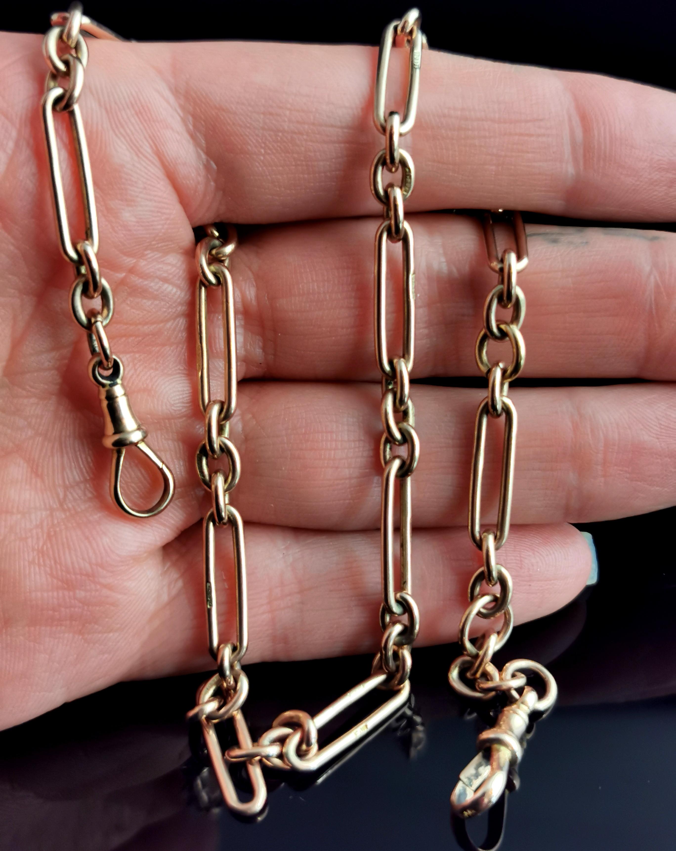 Edwardian Antique 9k Rose Gold Albert Chain, Watch Chain Necklace, Trombone Link