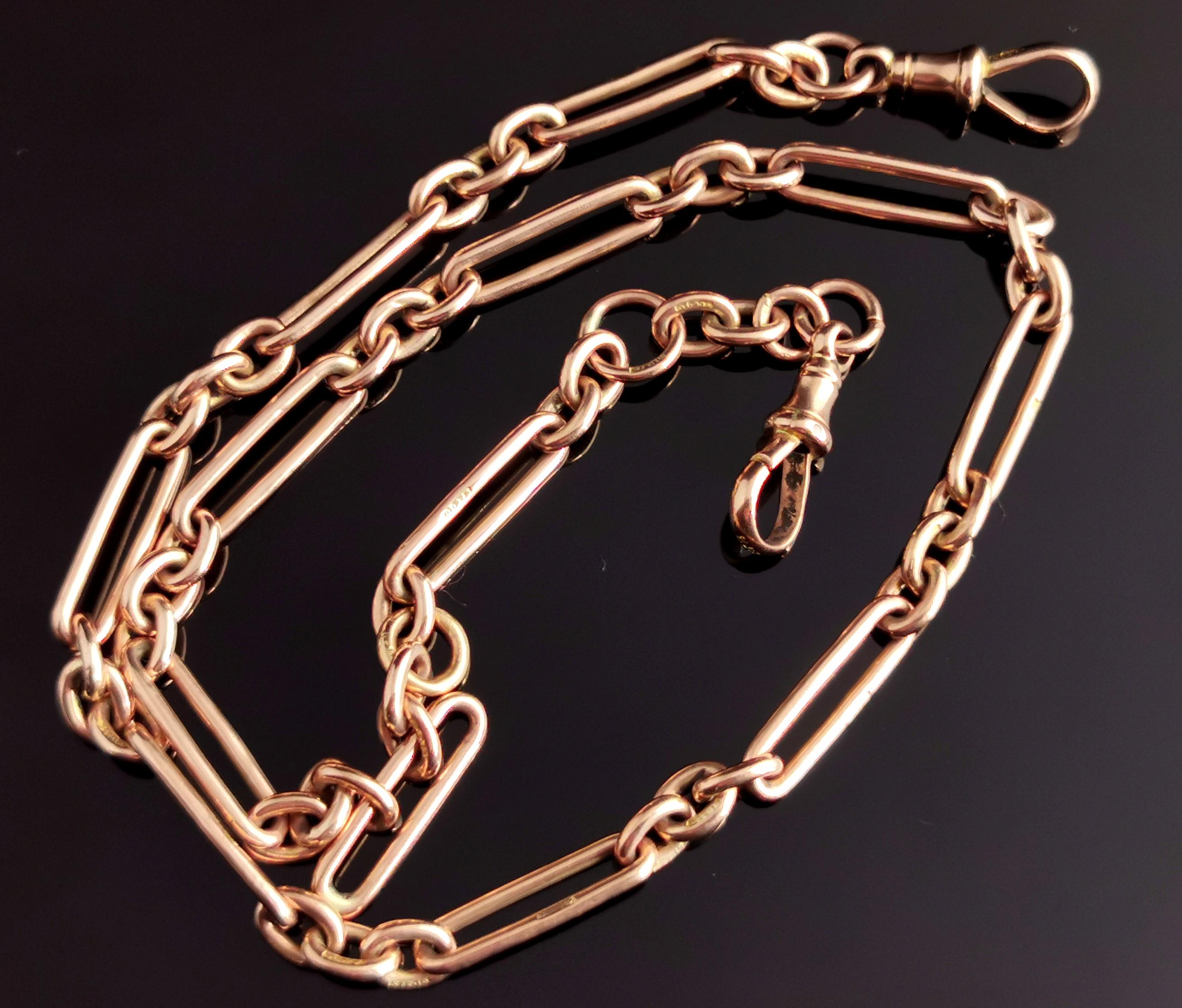 Antique 9k Rose Gold Albert Chain, Watch Chain Necklace, Trombone Link In Good Condition In NEWARK, GB
