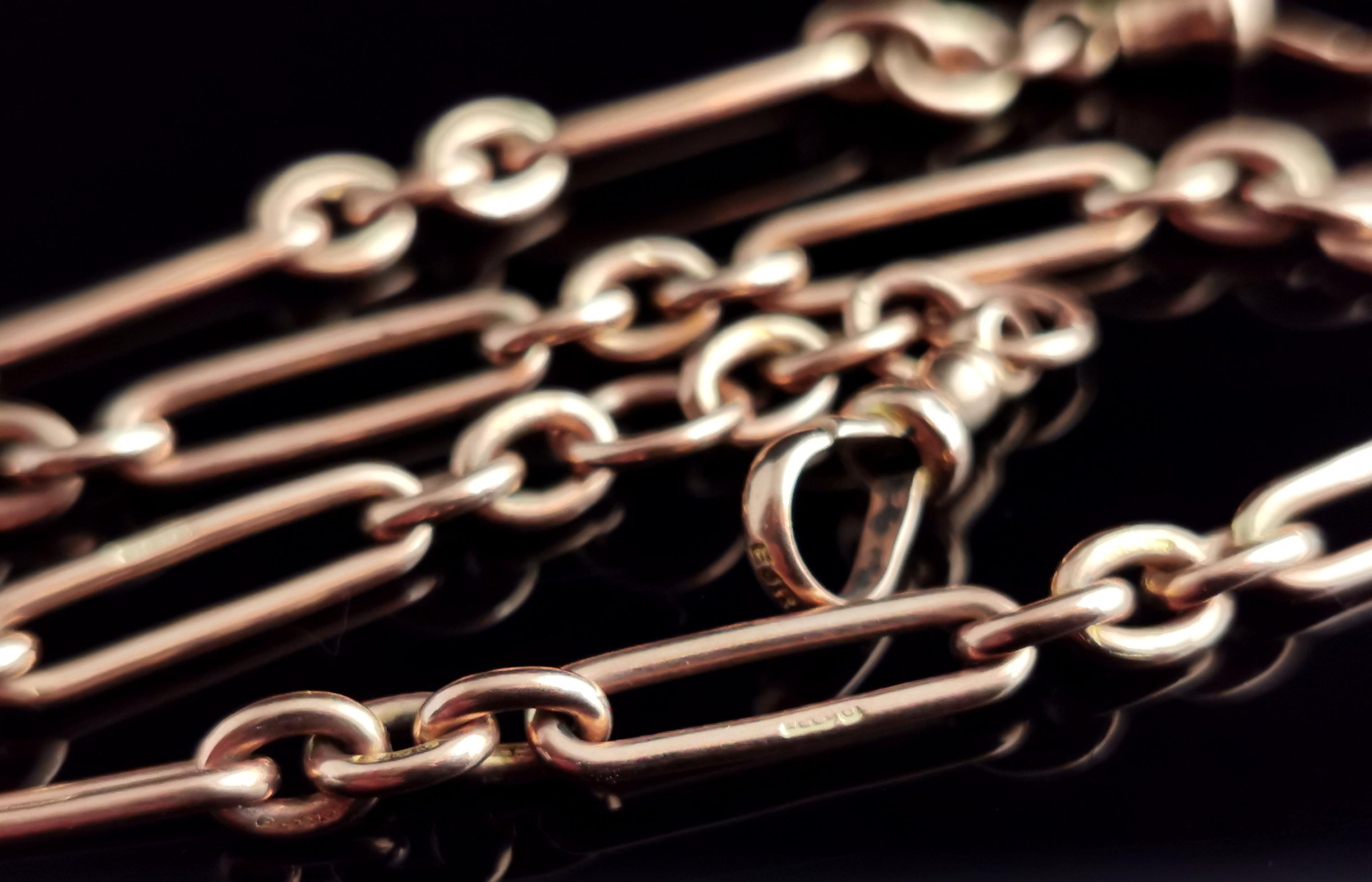 Women's or Men's Antique 9k Rose Gold Albert Chain, Watch Chain Necklace, Trombone Link