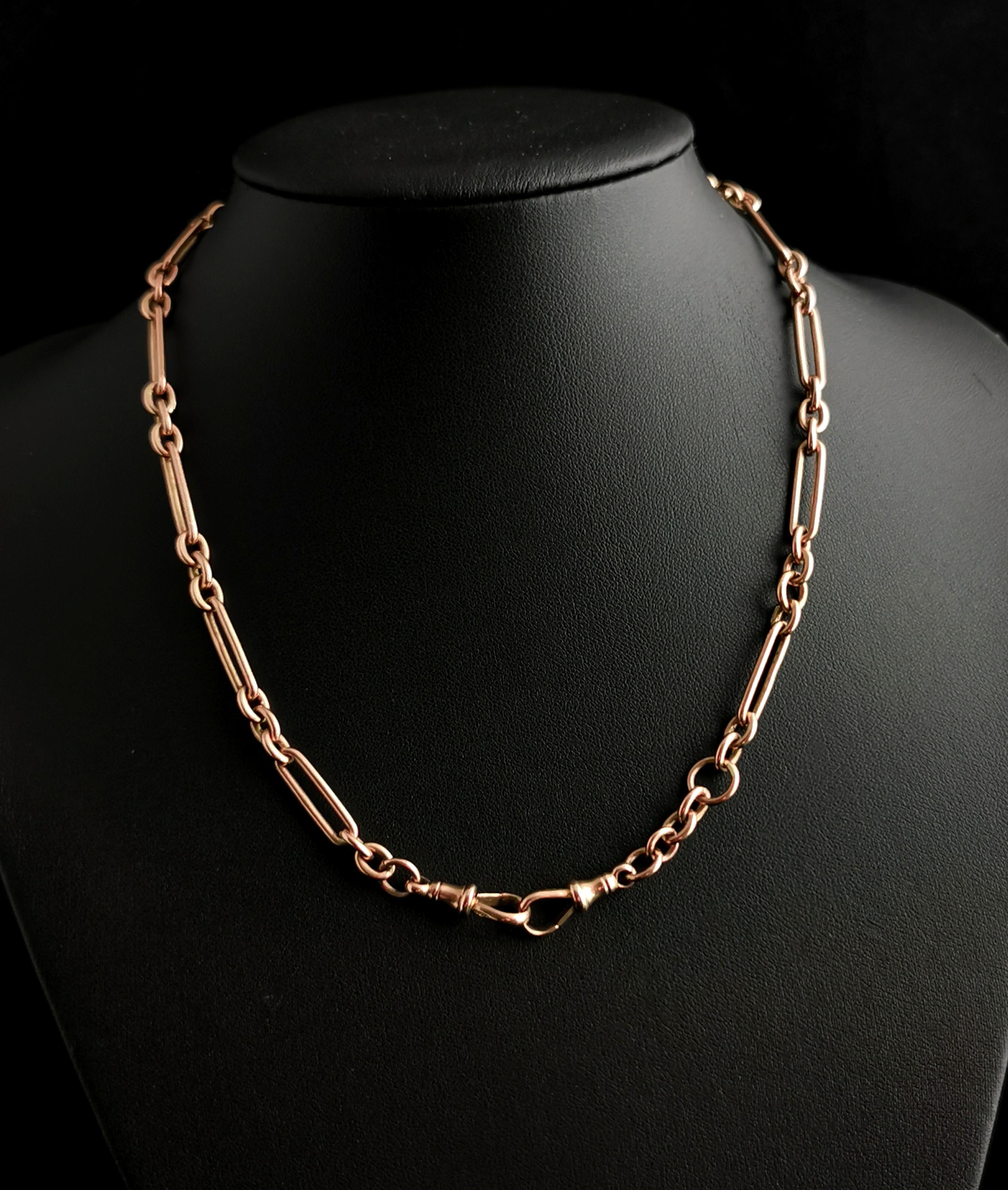Antique 9k Rose Gold Albert Chain, Watch Chain Necklace, Trombone Link 1