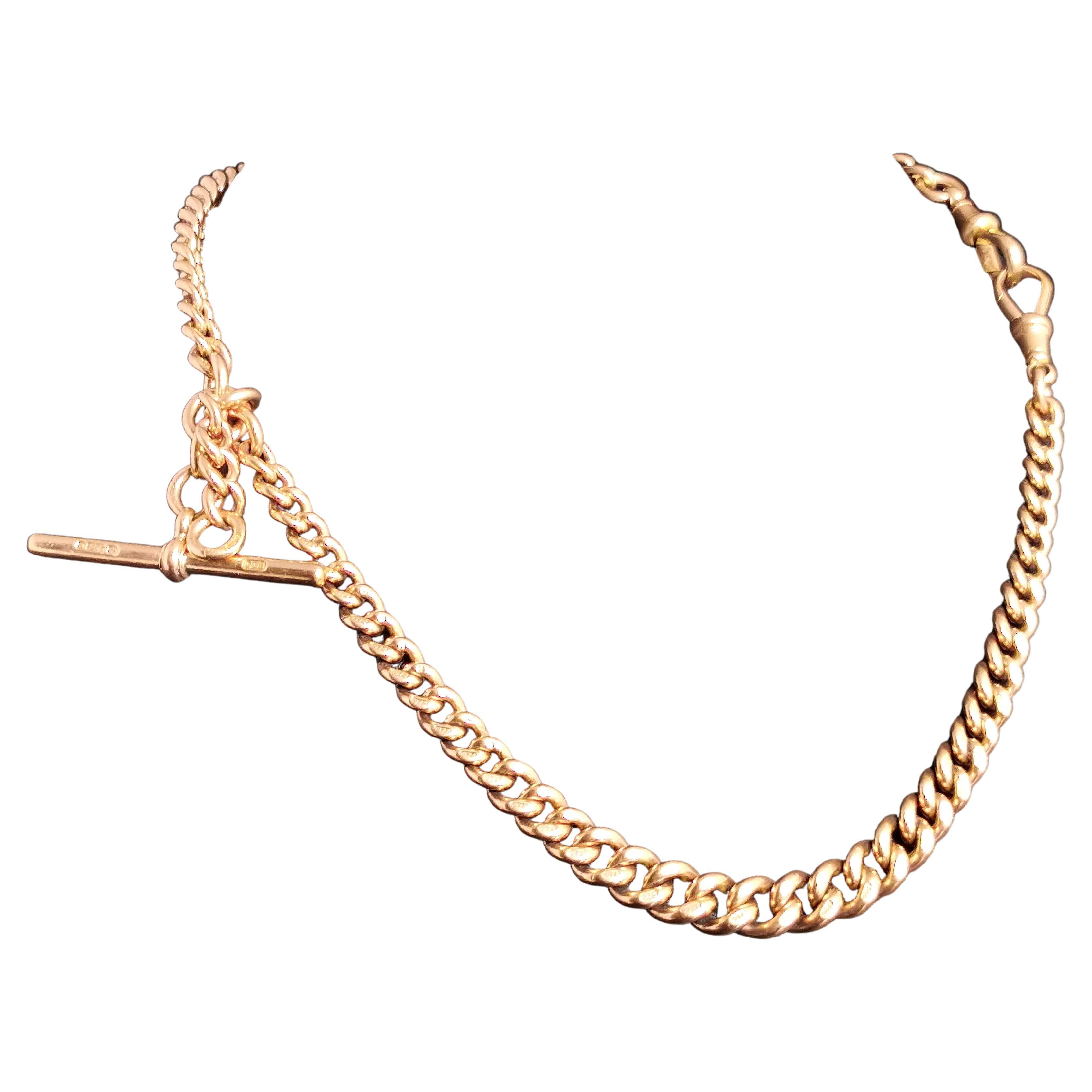 Antique 9k Rose Gold Albert Chain, Watch Chain Necklace, Victorian, Heavy