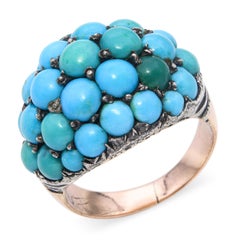 Antique 9k Rose Gold and Silver Topped Turquoise Cluster Dome Ring