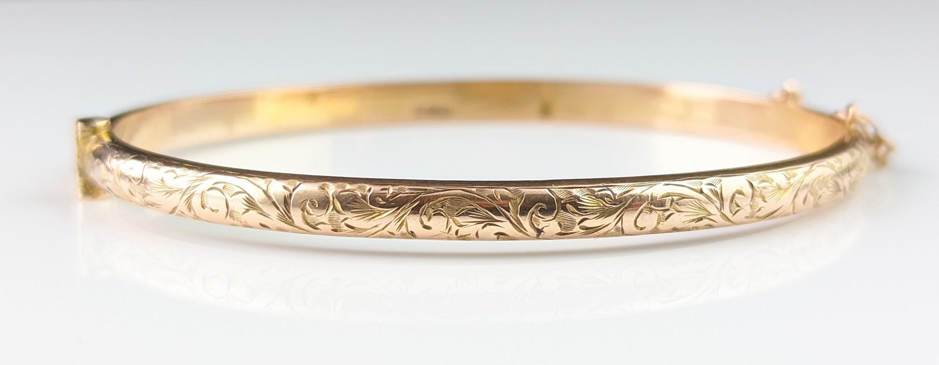 Antique 9k Rose gold bangle, engraved, Art Deco era  7