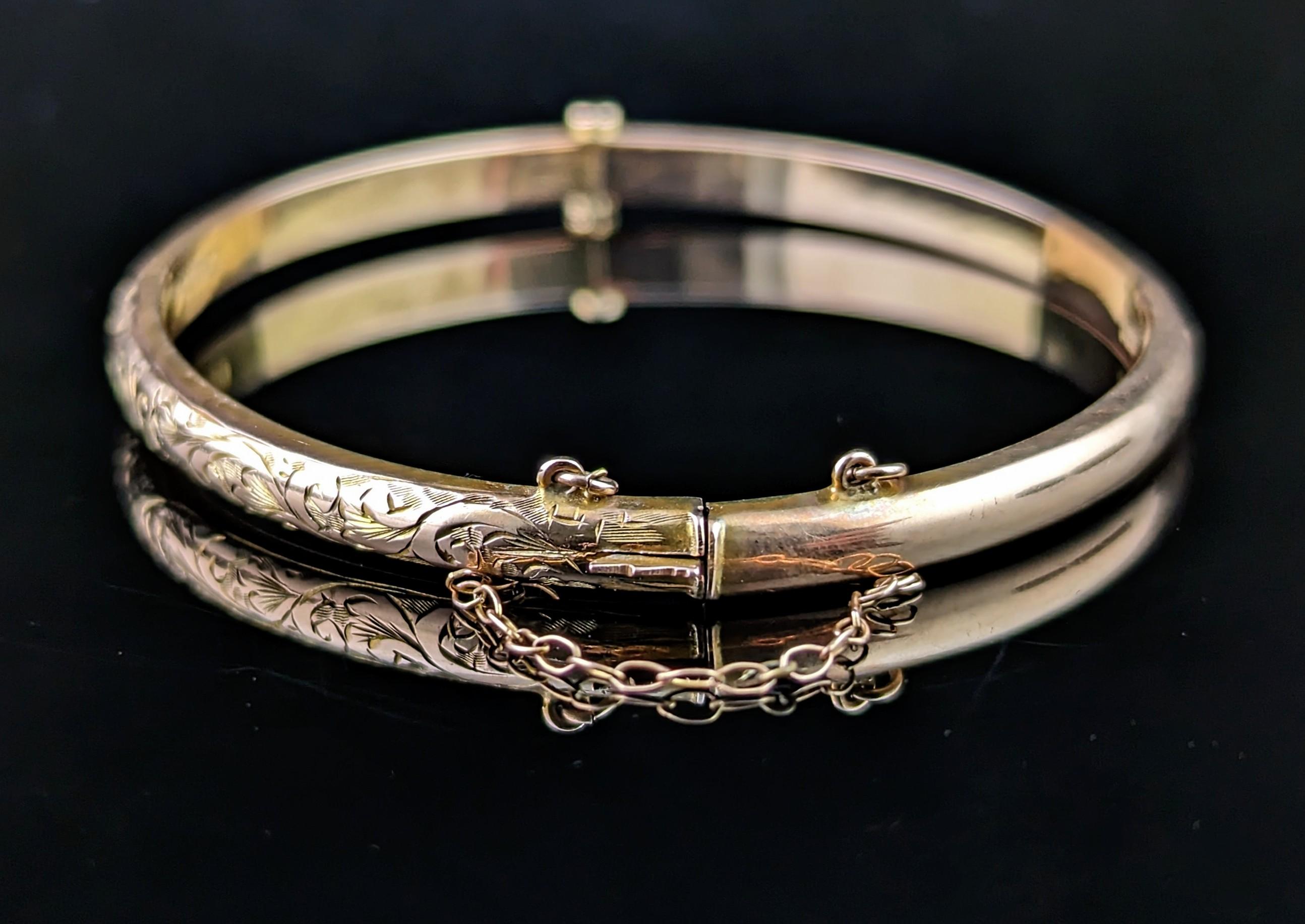 Women's Antique 9k Rose gold bangle, engraved, Art Deco era 