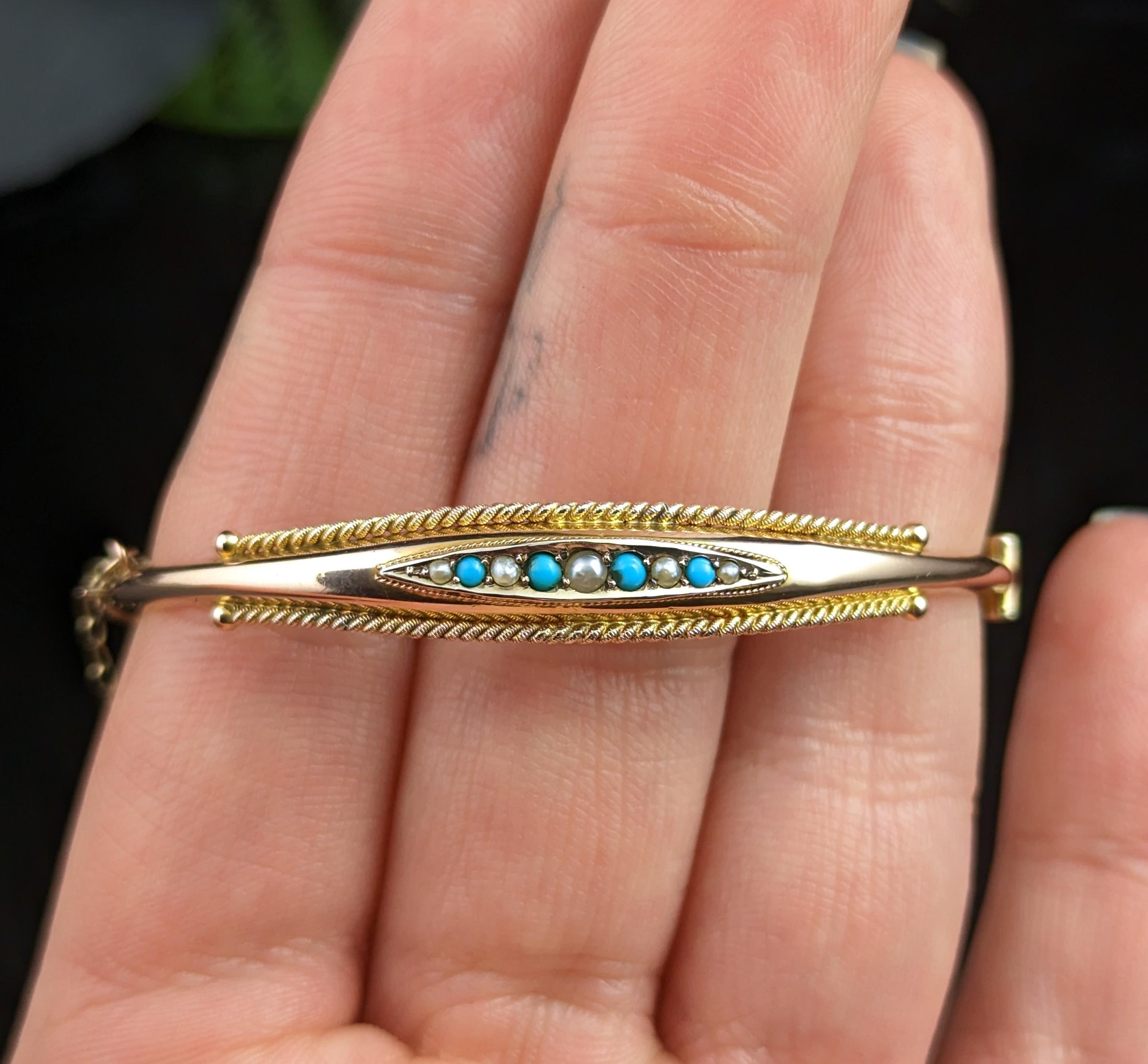 Antique 9k Rose Gold Bangle, Turquoise and Pearl, Victorian For Sale 5
