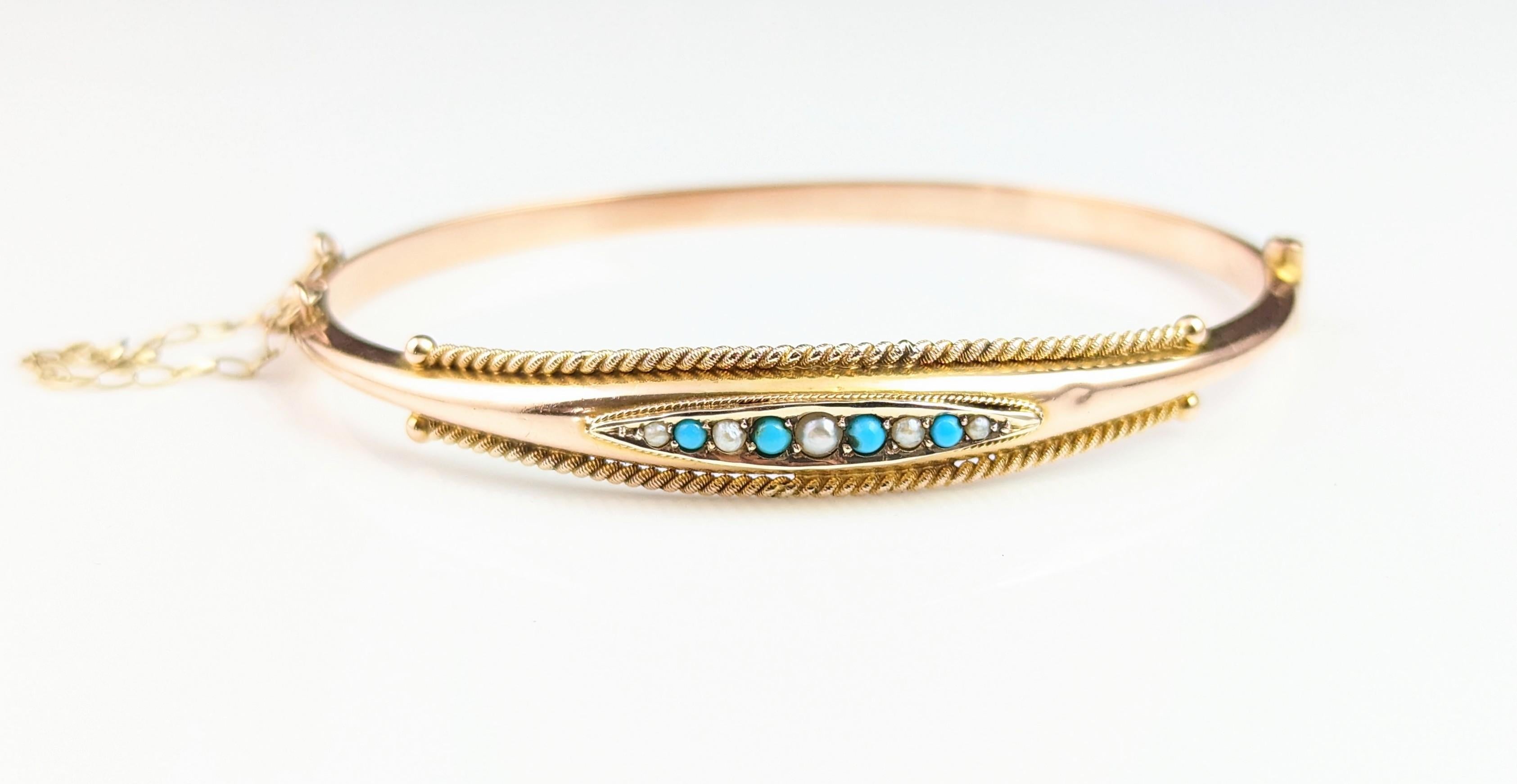 Antique 9k Rose Gold Bangle, Turquoise and Pearl, Victorian For Sale 8