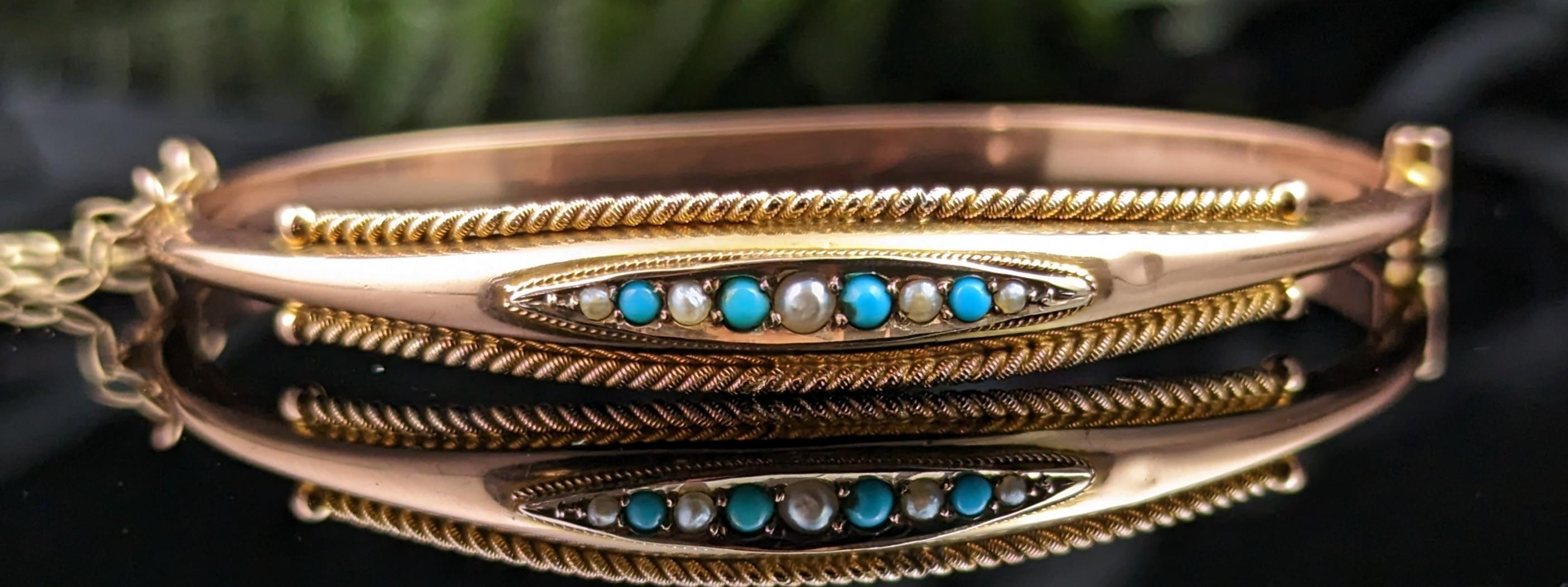 Antique 9k Rose Gold Bangle, Turquoise and Pearl, Victorian In Fair Condition For Sale In NEWARK, GB