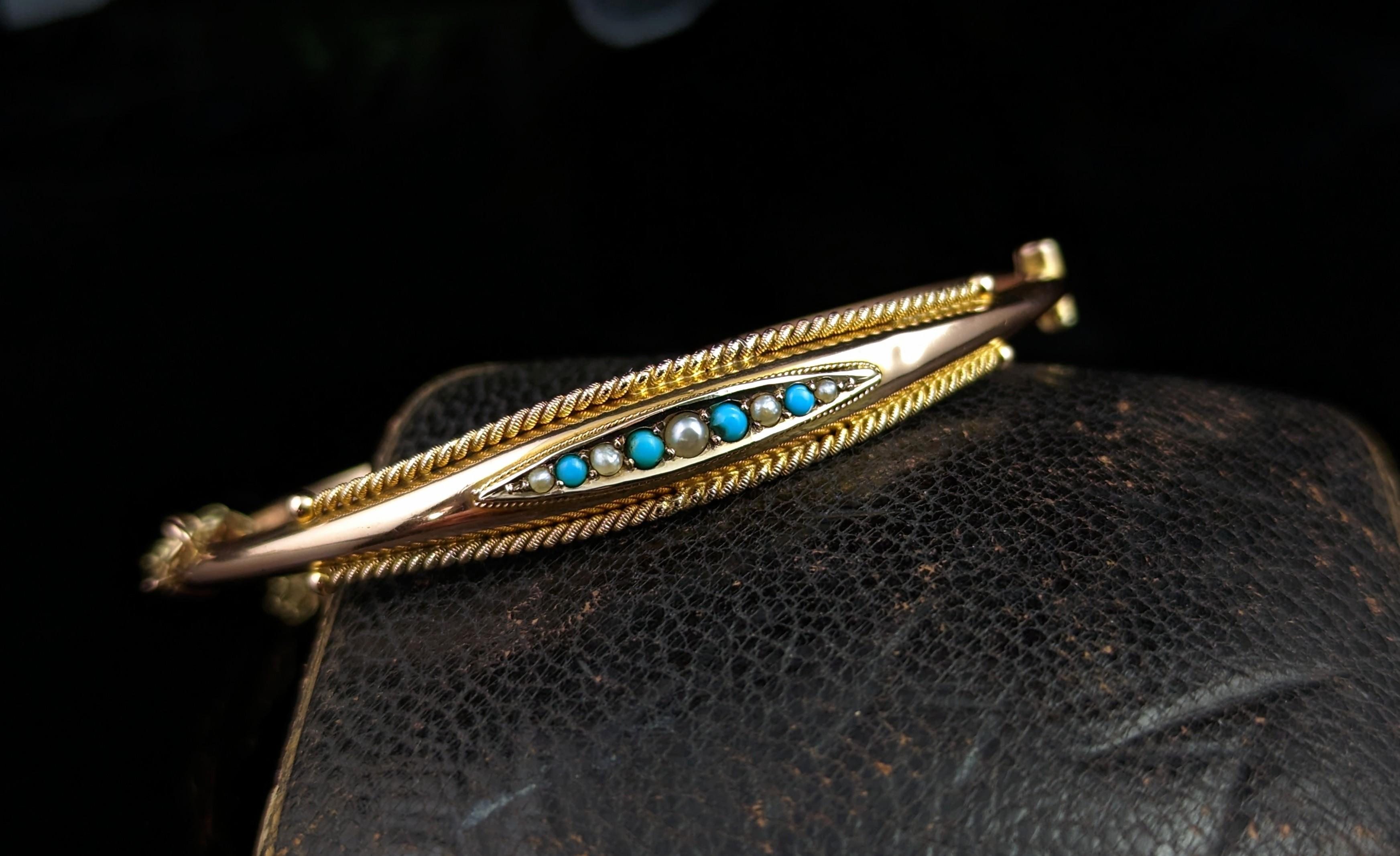 Antique 9k Rose Gold Bangle, Turquoise and Pearl, Victorian For Sale 1