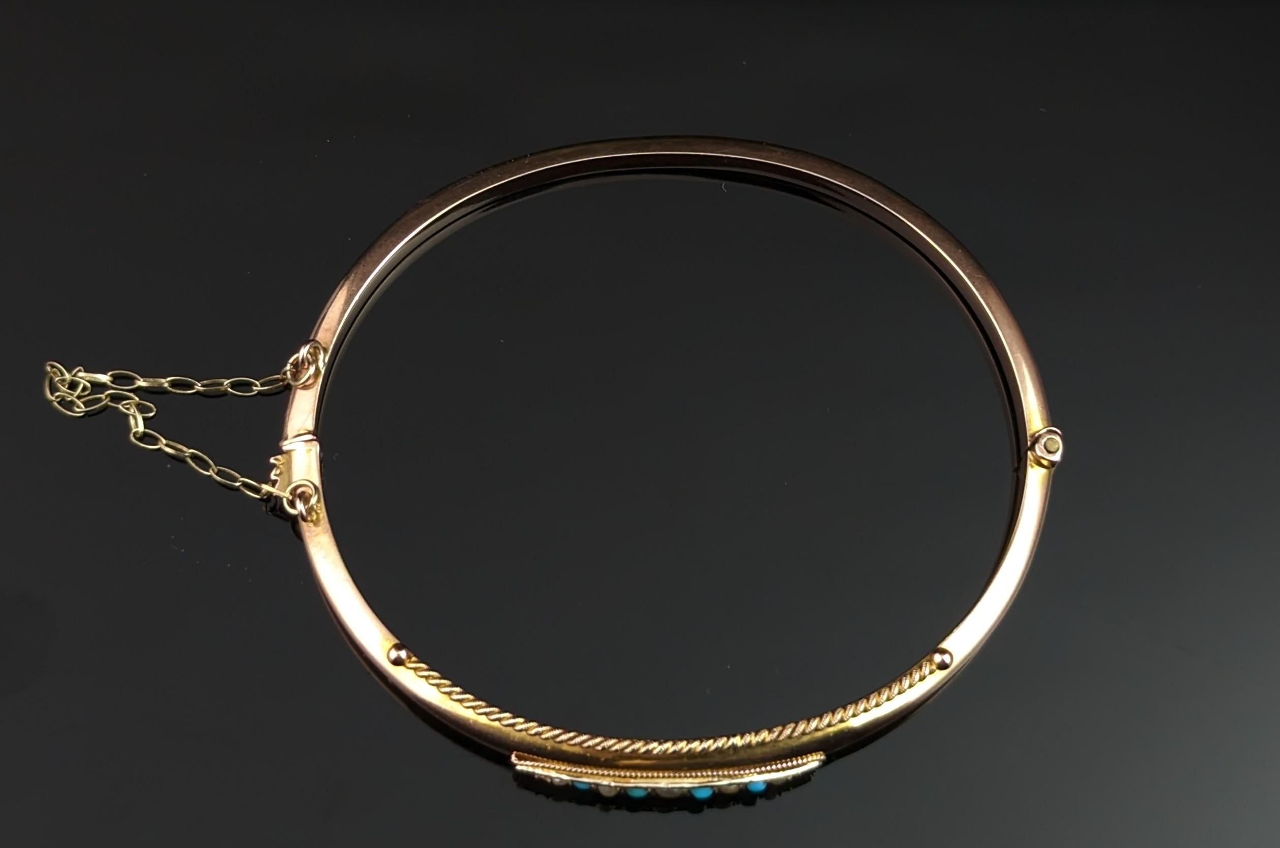 Antique 9k Rose Gold Bangle, Turquoise and Pearl, Victorian For Sale 4