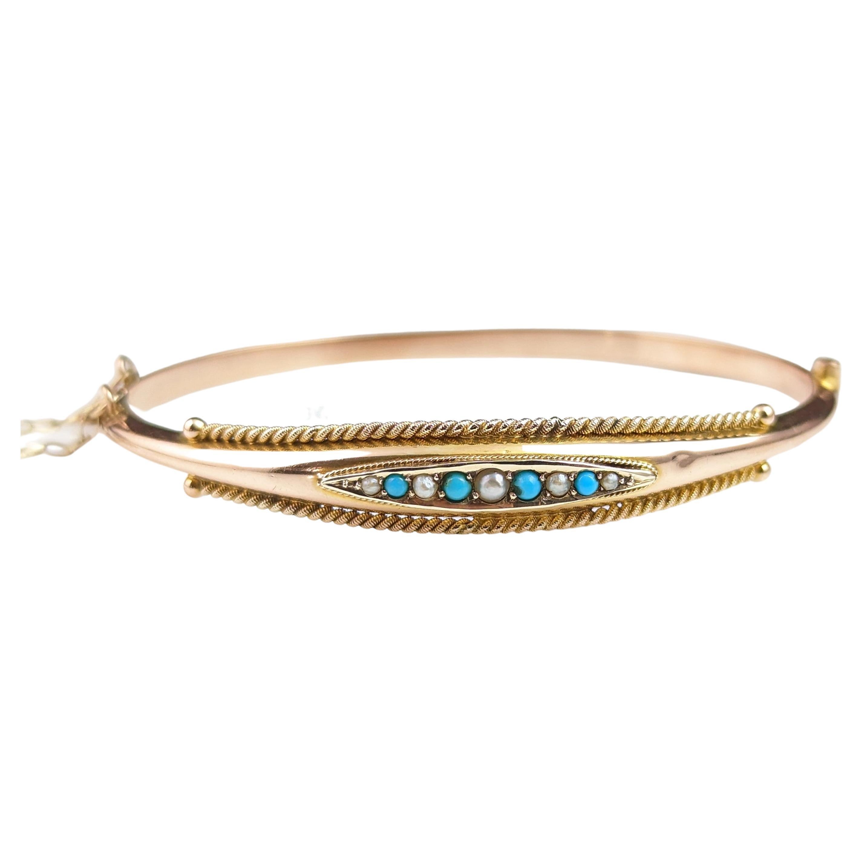 Bracelet jonc victorien ancien en or rose 9 carats, turquoise et perles 