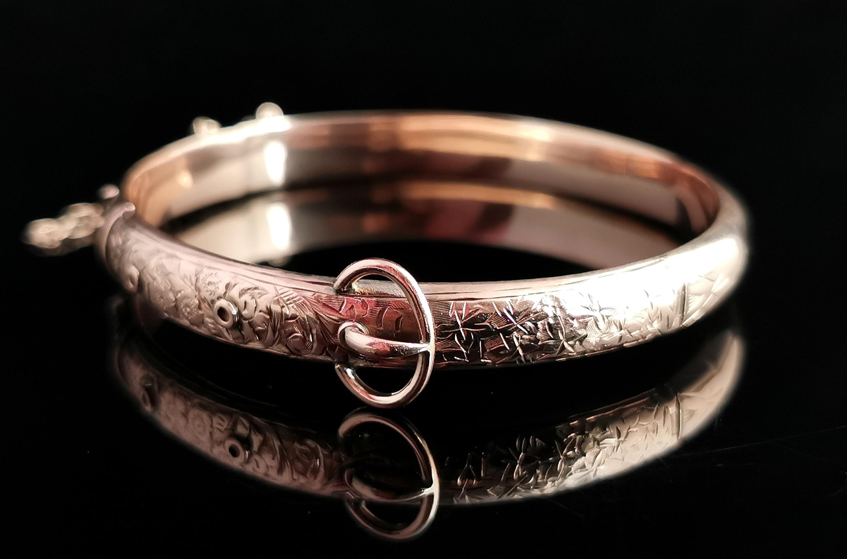 Women's Antique 9k Rose Gold Buckle Bangle, Ivy Leaf Engraved, Edwardian