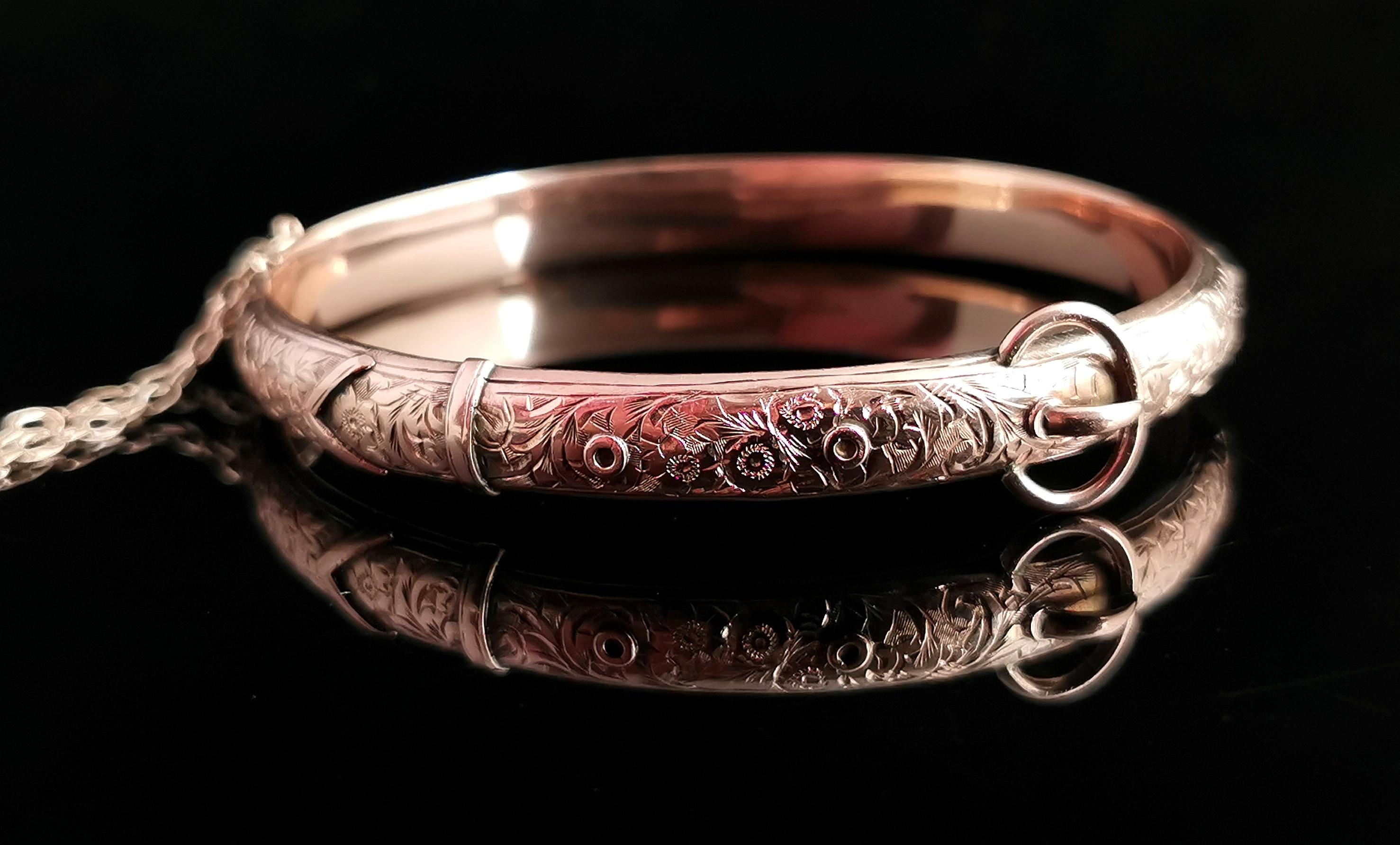 Antique 9k Rose Gold Buckle Bangle, Ivy Leaf Engraved, Edwardian 1