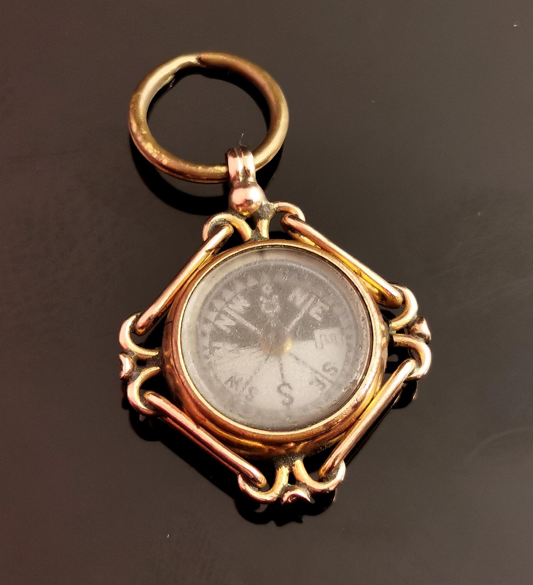 Antique 9k Rose Gold Compass Pendant, Carnelian Fob 5