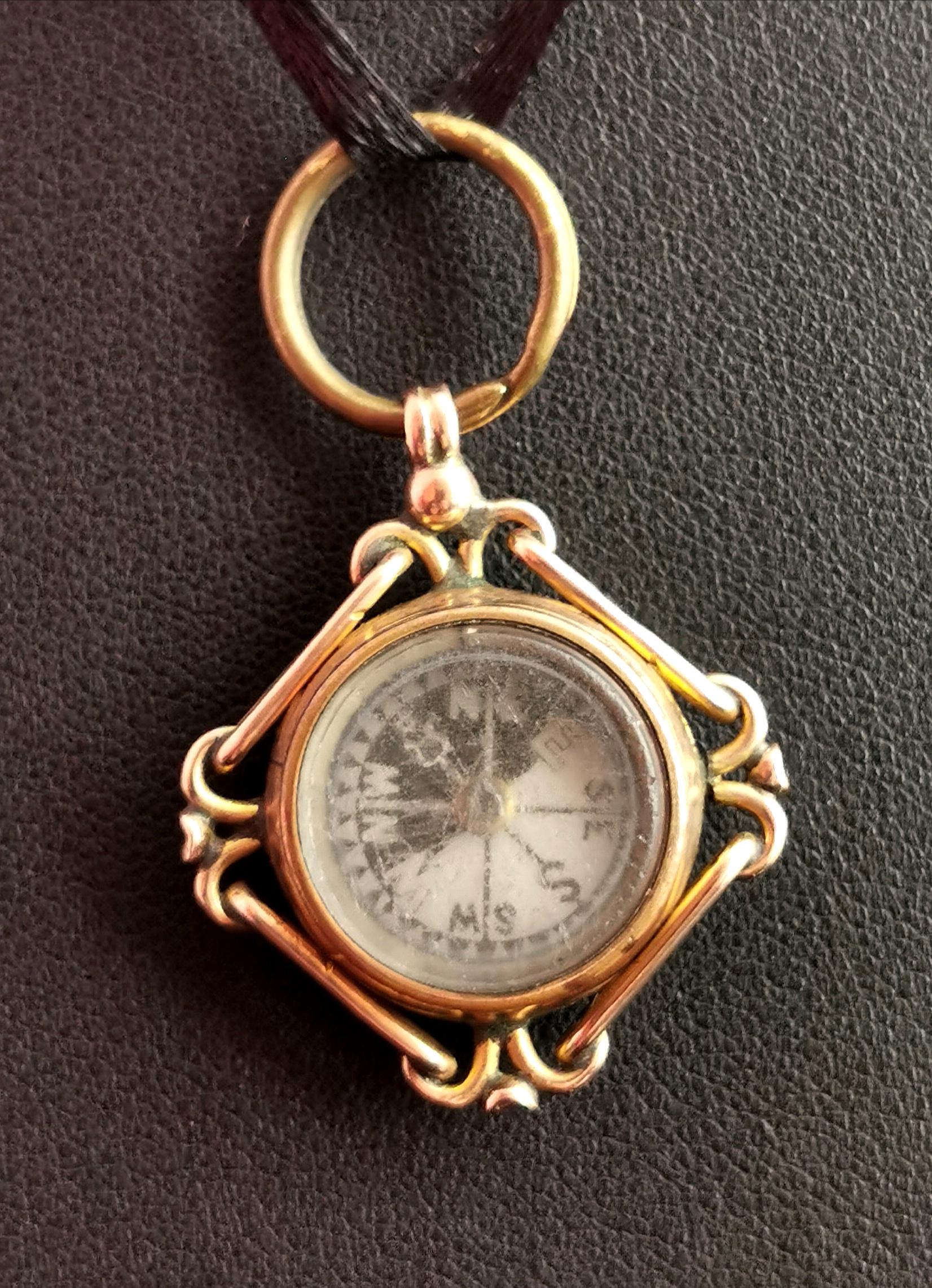 Edwardian Antique 9k Rose Gold Compass Pendant, Carnelian Fob