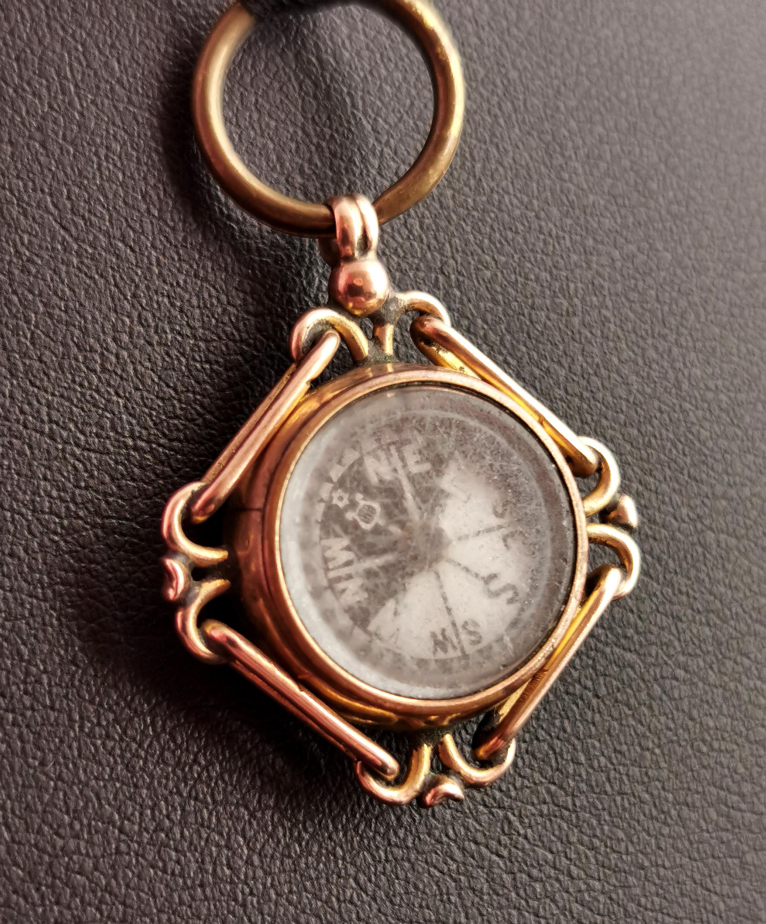 Round Cut Antique 9k Rose Gold Compass Pendant, Carnelian Fob