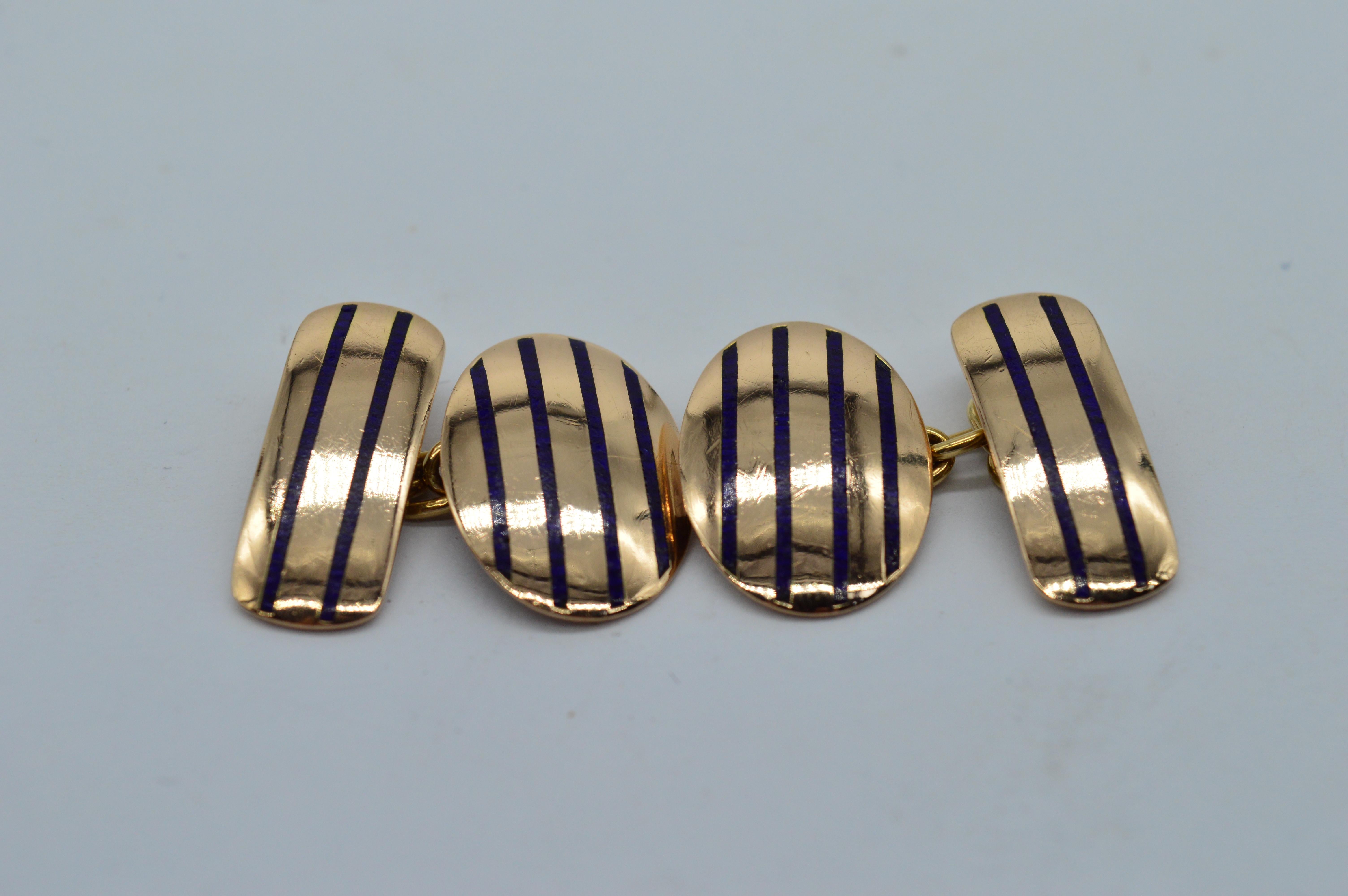 A set of 9ct Rose gold cufflinks made by Deakin and Francis

Featuring a striped blue enamel design

7.24g

We have sold to the set of Hit shows like Peaky Blinders and Outlander as well as to Buckingham Palace so our items are truly fit for