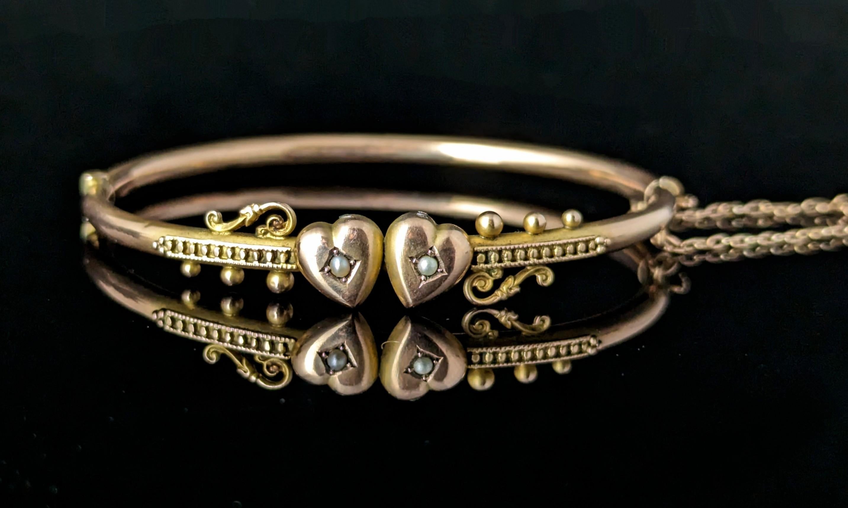 Antique 9k rose gold double hearts bangle, Edwardian, pearl  For Sale 8