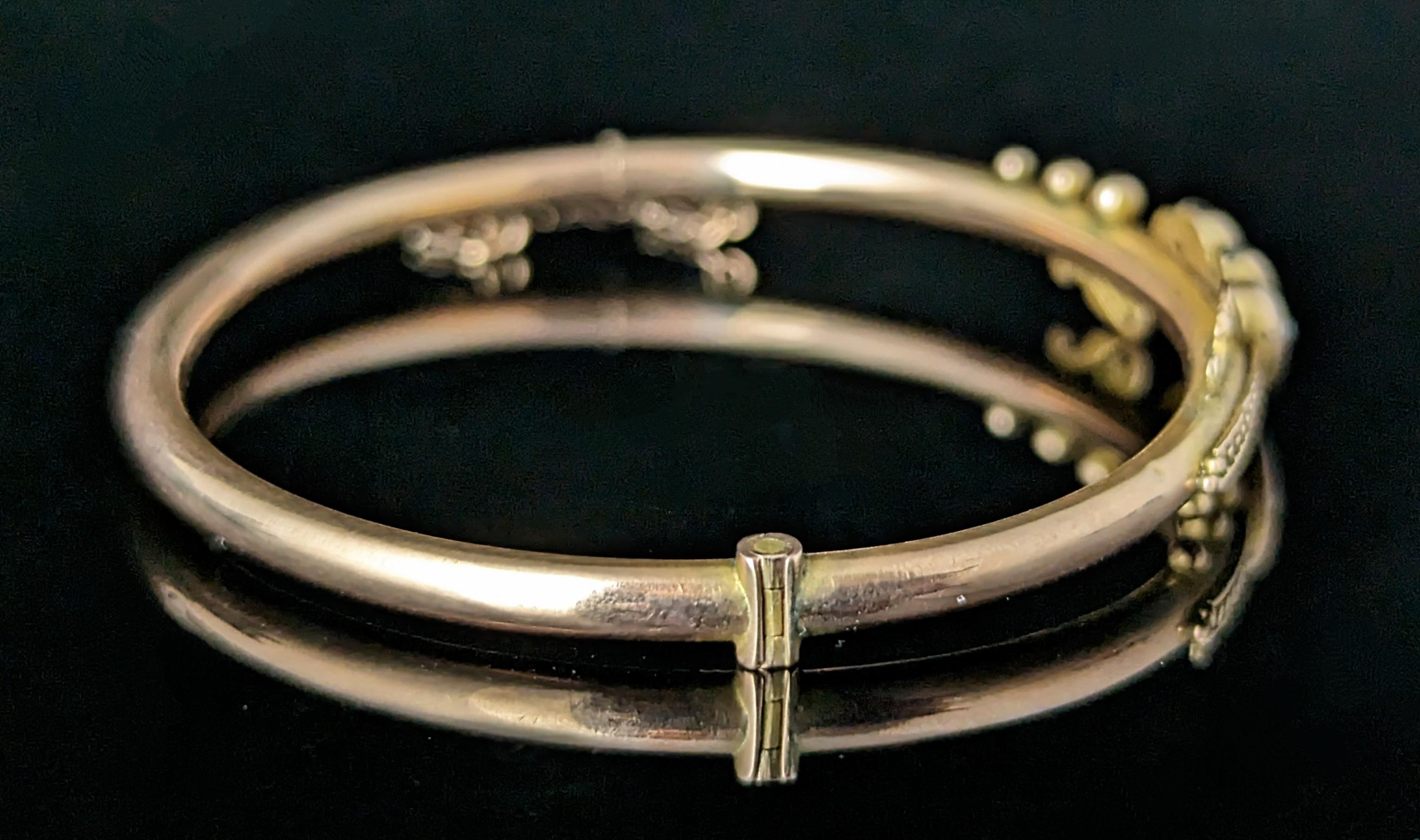 Bracelet ancien en or rose 9k à double coeurs, édouardien, perle en vente 11