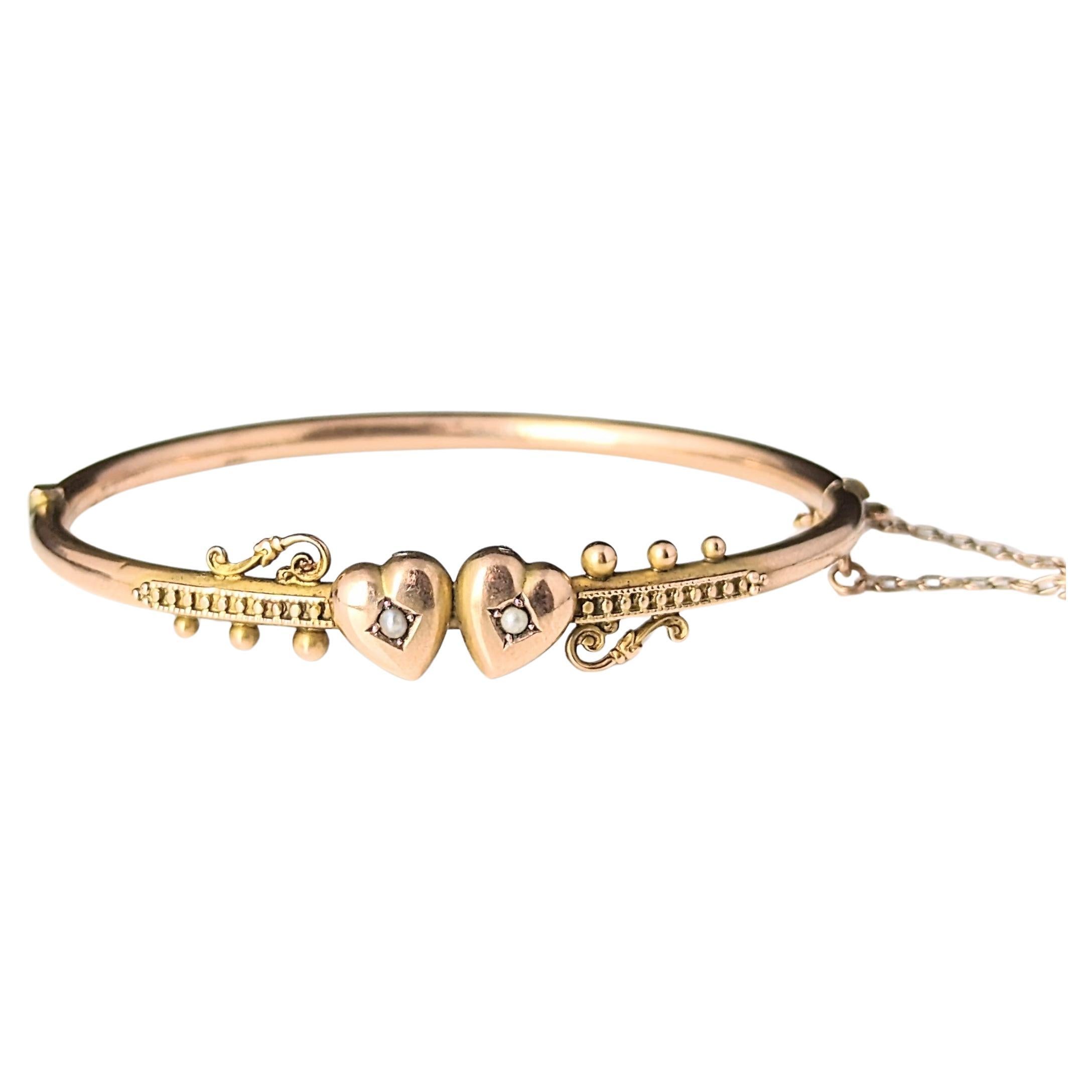 Antique 9k rose gold double hearts bangle, Edwardian, pearl 