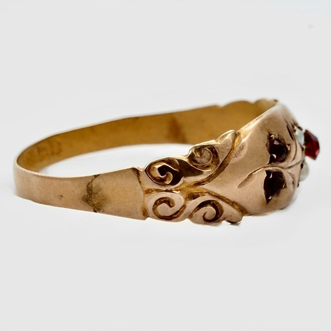 Edwardian Antique 9K Rose Gold Engraved Flower Ring with Red Stones and Faux Seed Pearls 