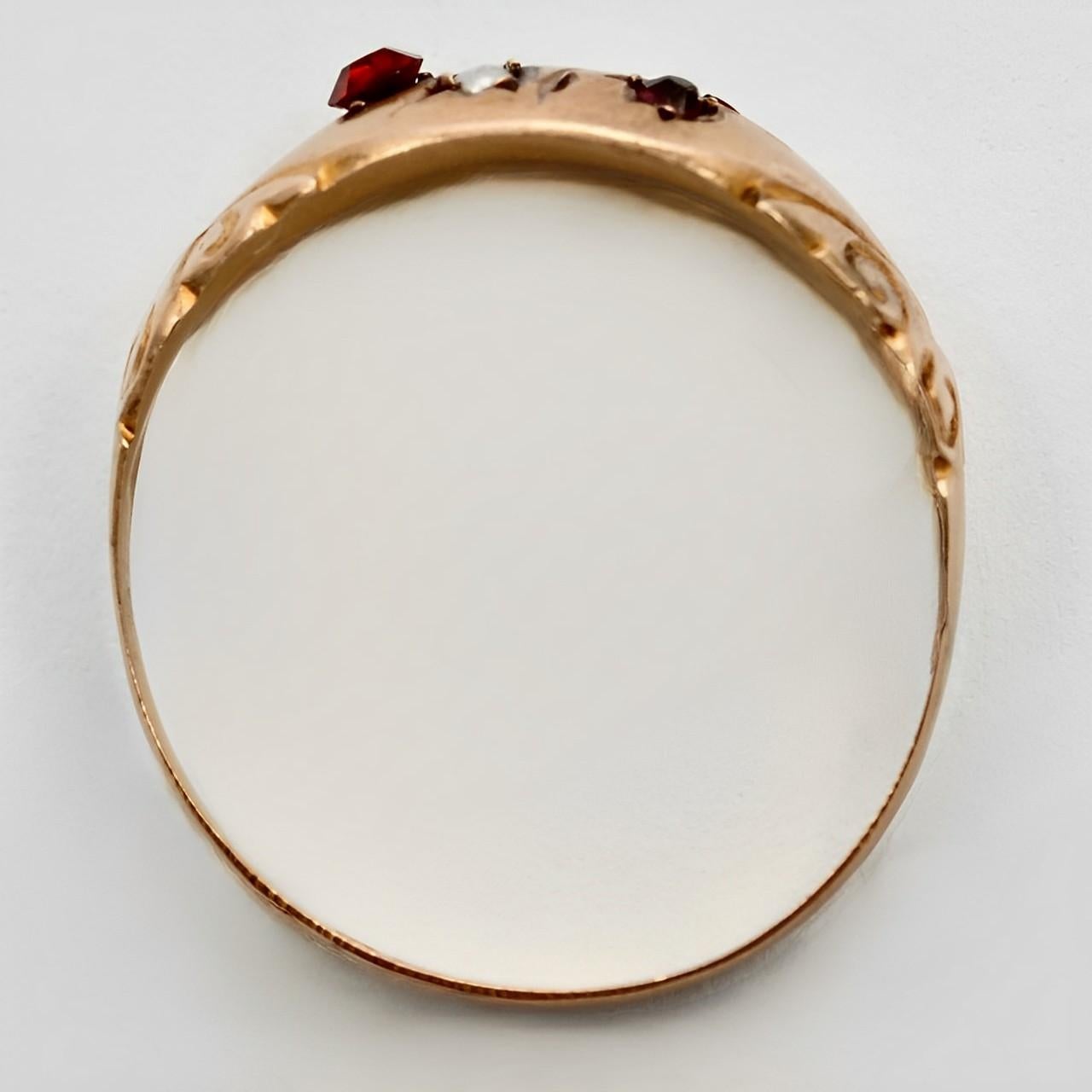Women's or Men's Antique 9K Rose Gold Engraved Flower Ring with Red Stones and Faux Seed Pearls