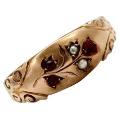 Antique 9K Rose Gold Engraved Flower Ring with Red Stones and Faux Seed Pearls 