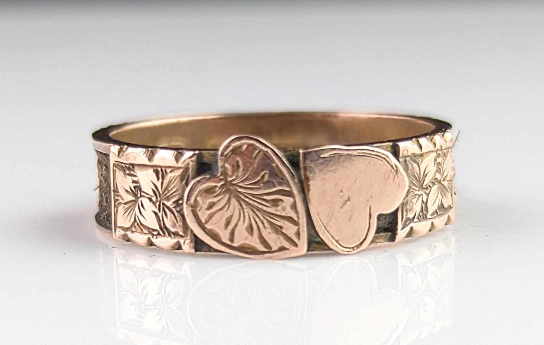 Antique 9k rose gold mourning ring, Double hearts, Hairwork 5