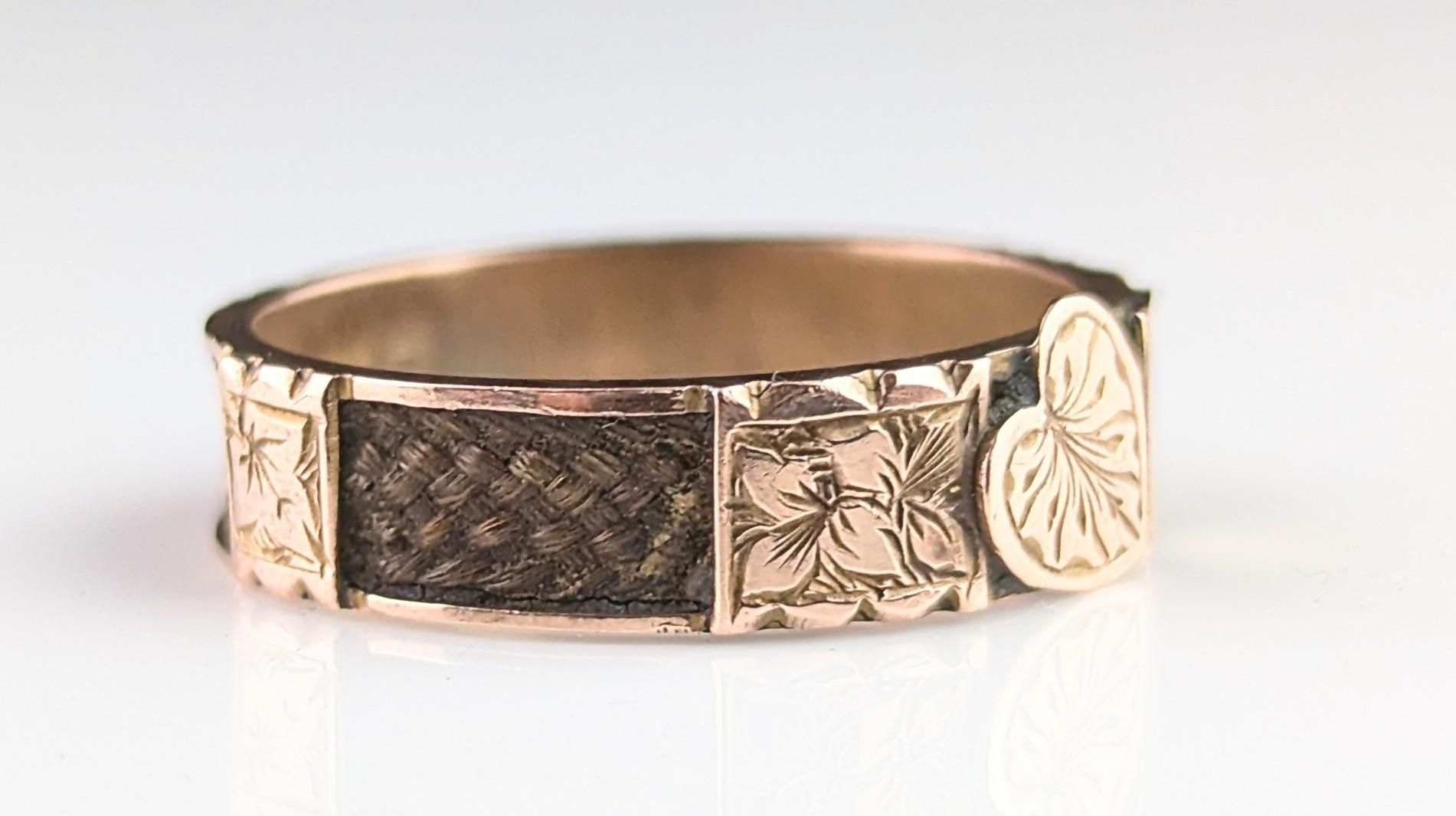 Antique 9k rose gold mourning ring, Double hearts, Hairwork 7