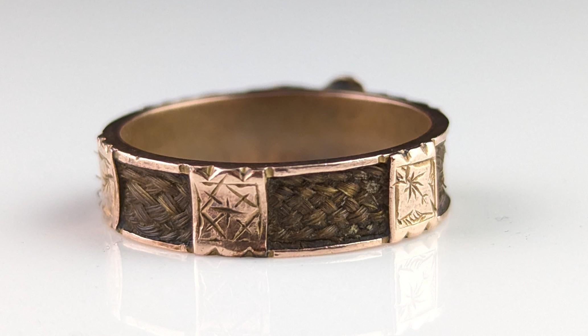 Antique 9k rose gold mourning ring, Double hearts, Hairwork 8