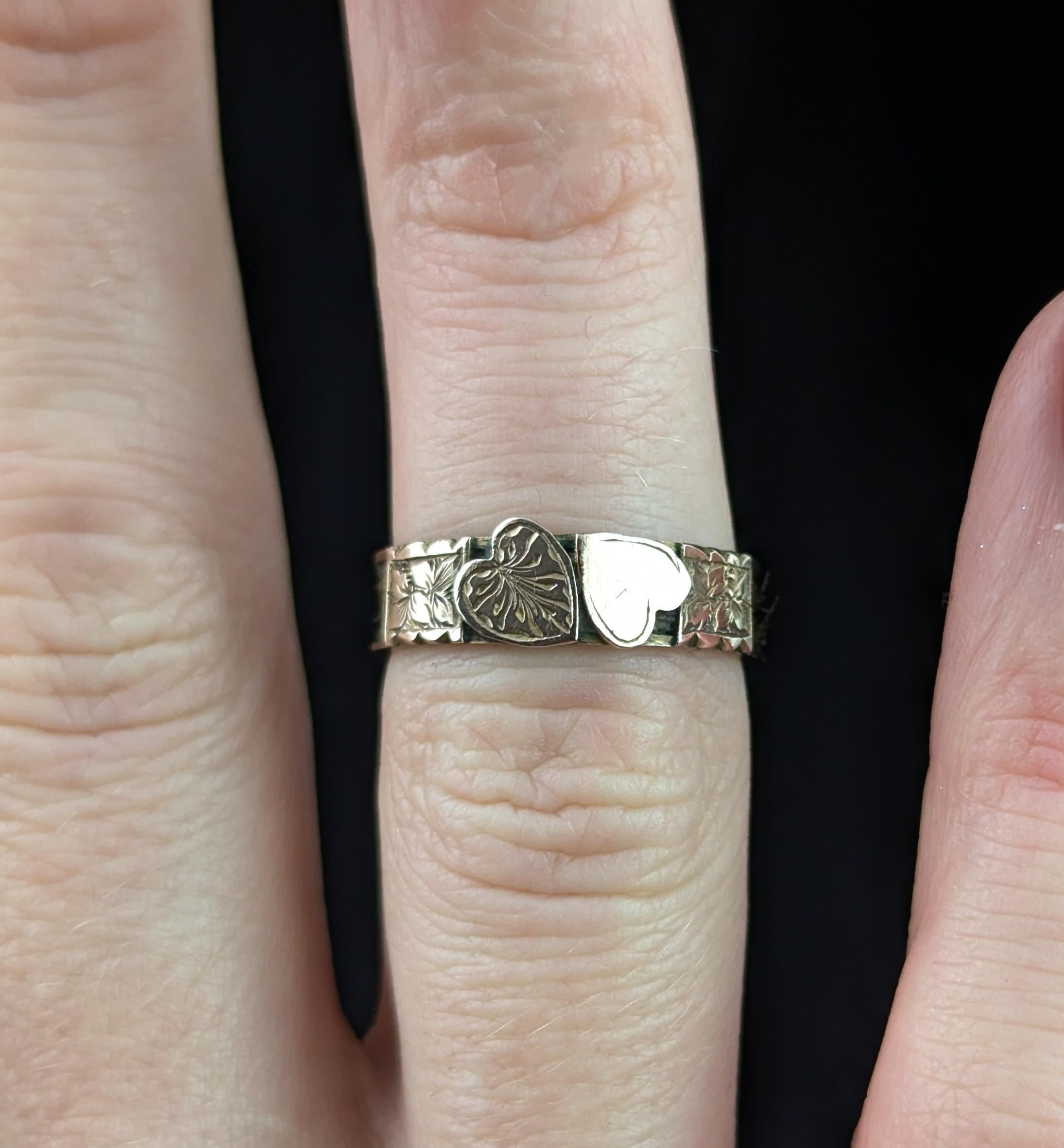 Antique 9k rose gold mourning ring, Double hearts, Hairwork 2