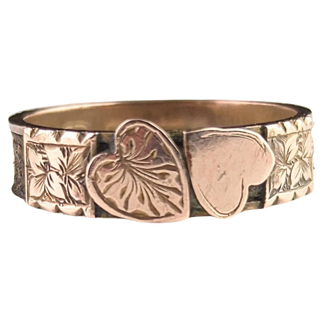 Antique 9k rose gold mourning ring, Double hearts, Hairwork